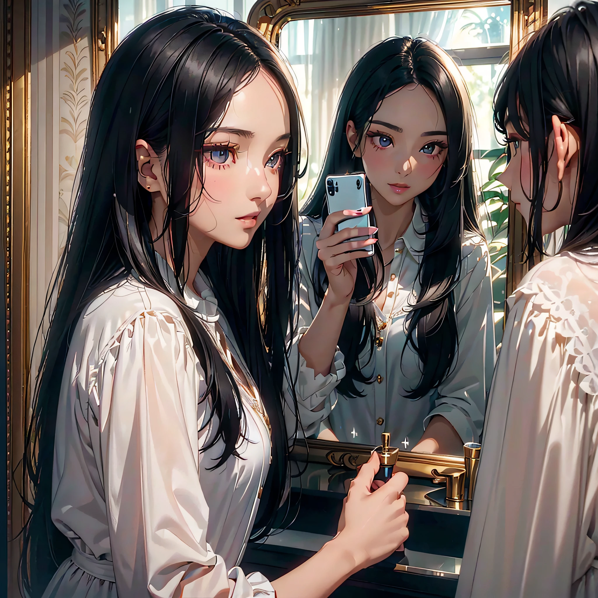 ((Face to face２Semi-long black hair beautiful girl taking a selfie with her smartphone in between the mirrors)):1.9、Perfect Ray Tracing、Highly detailed background，Realistic，ultra-detailliert，super detailed skin，light glow，Film grain，Expro II，Lens Flare，Sharpen，cinematic shadow