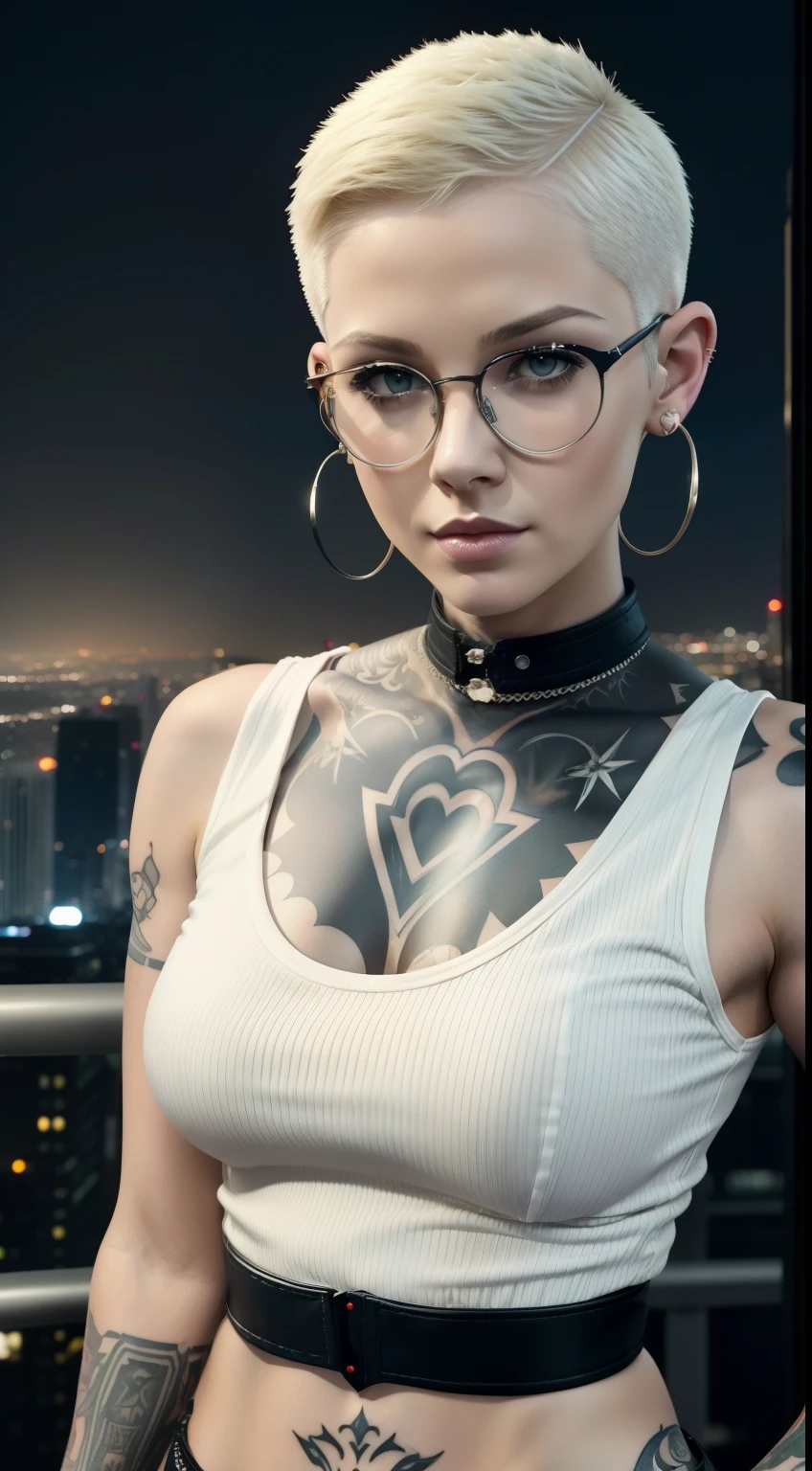 Girl, Riley Nixon haircut, shaved hair, Blonde hairstyle, Very short hair, Bald,, White vest shirt, Red Moon tattoo, Tattoo on the right arm, Wearing glasses, Blonde hairstyle, Riley Nixon haircut, Lipstick Black, Piercings in the face, On a skyscraper, looking at viewert, Storm City, 4K