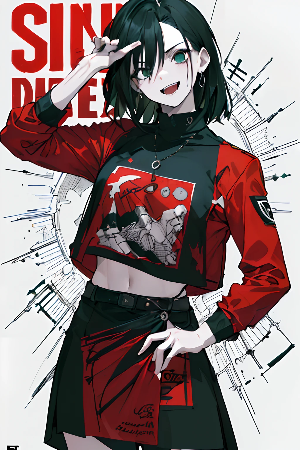 (​masterpiece、top-quality、hight resolution)、 Kana Arima \(Oshinoko\), full of shyness、red hairs、Bob Hair、red blush、Wavy mouth、(((Dramatic)))、(((gritty)))、(((vehement))))The poster of the film appears as a central character。She is shy in the center of the poster、Wearing an idol costume、Has a determined look。The background is dark and rough、I feel like I'm drunk。Text is bold and eye-catching、Catchy slogans add to the overall drama and excitement。The color palette is dominated by dark colors.、Bright colors dotted、Make your poster dynamic and visually impactful、Tachi- e(magazine:1.3)、(cover-style:1.3)、Fashionable、with a vibrant、outfits、the pose、the front、colourfull、Dynamic、Background with、element、self-assured、Expressively、ngel、statement、attachment、An majestic、coiled、surroundings、Touch、The scene、Texto、covers、boldface、grab attention、Titles、lo fashion、Font、Catchy、Titles、Large、grab attention、moderno、 Trendy、concentrating、Stylish、1 girl in、a miniskirt