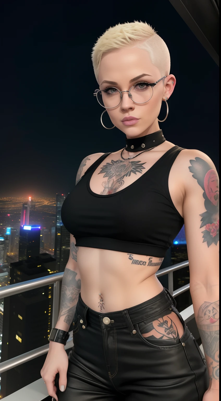 Girl, Riley Nixon haircut, shaved hair, Blonde hairstyle, Very short hair, Bald,, White vest shirt, Red Moon tattoo, Tattoo on the right arm, Wearing glasses, Blonde hairstyle, Riley Nixon haircut, Lipstick Black, Piercings in the face, On a skyscraper, looking at viewert, Storm City, 4K