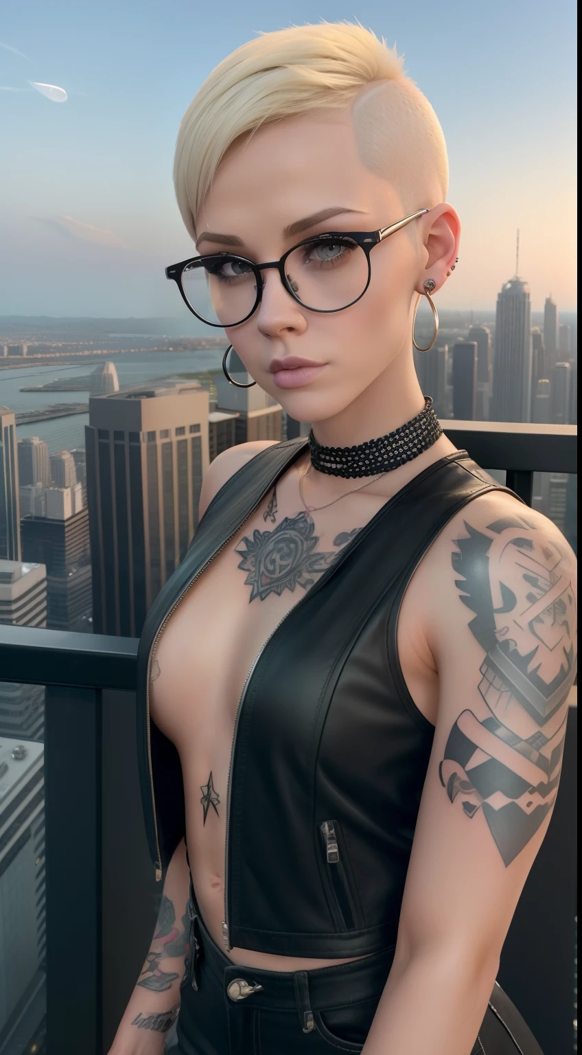 Girl, Riley Nixon haircut, shaved hair, Blonde hairstyle, Very short hair, Bald,, White vest shirt, Red Moon tattoo, Tattoo on the right arm, Wearing glasses, Blonde hairstyle, Riley Nixon haircut, Lipstick Black, Piercings in the face, On a skyscraper, looking at viewert, Storm City, 4K