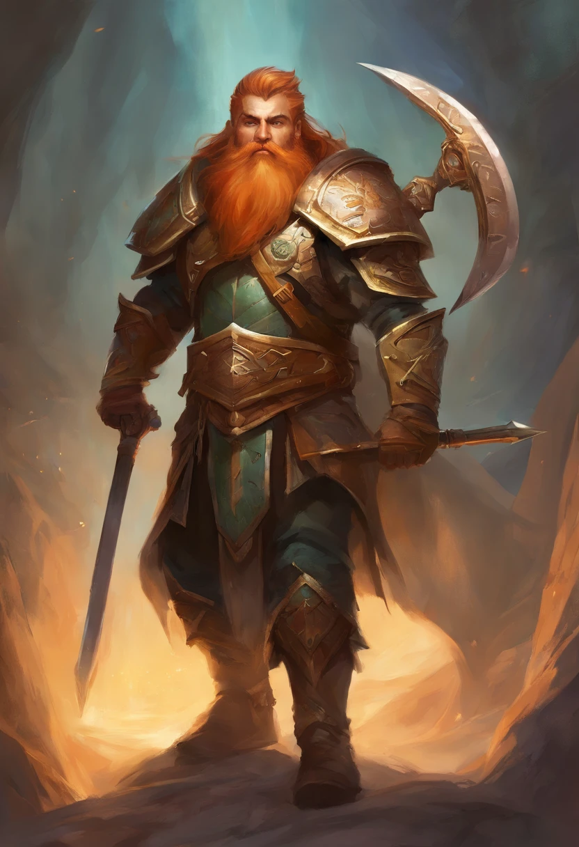 Warhammer style dwarf with copper hair and beard. Hand Axe in one hand and shield in the other. defensive pose