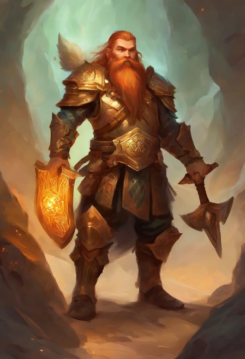 Warhammer style dwarf with copper hair and beard. Hand Axe in one hand and shield in the other. defensive pose