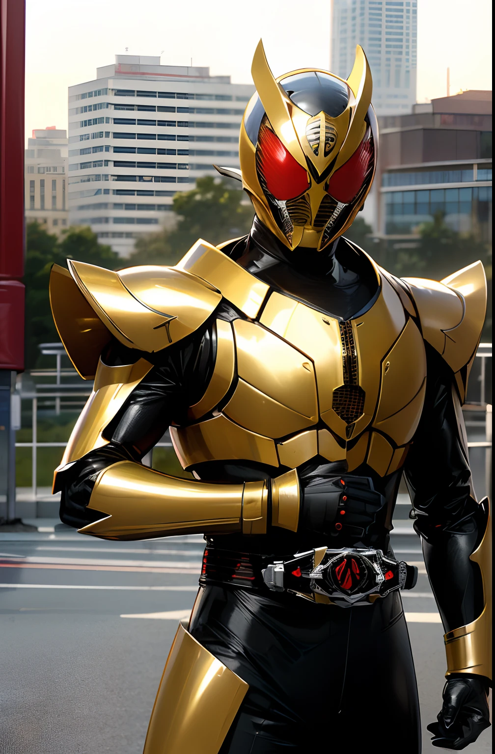 (8K,raw,proffesional,top-quality),(realisitic,Photorealsitic:1.2),Perfect Anatomy,(Highest Detail Face:1.2),Front lighting,Dark shadows threatened the city, Wearing a transformation belt, Red armor and black body, golden eyes, intense fighting, Kamen Rider,