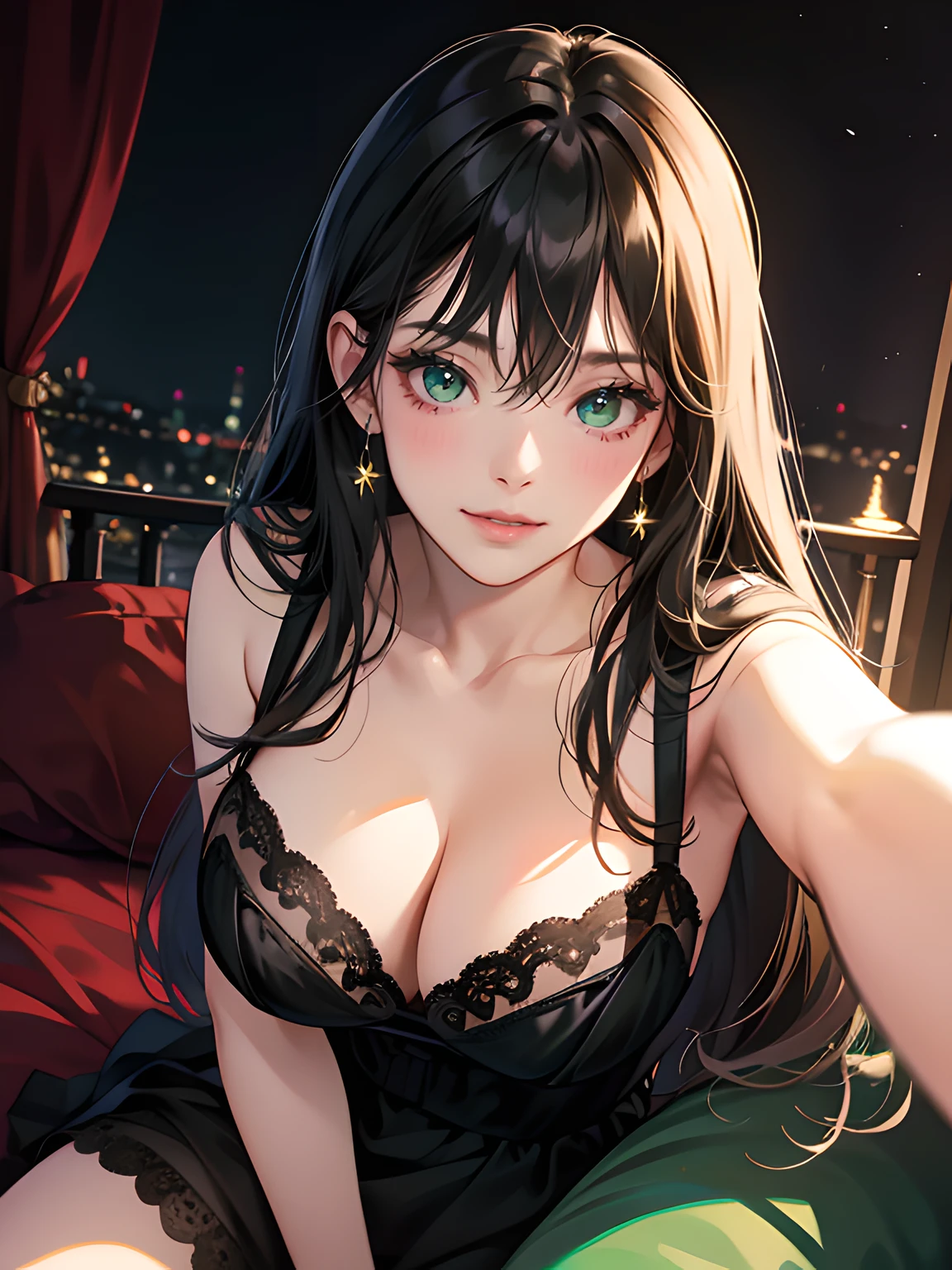 woman, large breast black straight hair with flat bangs, green and black night dress (lingerie), green eyes, red lips color, seduce smile, blush, naughty face, sitting on bed, Surrealism, anime style, depth of field, 8k, super detail, high details, Cinematic lighting, night time, shadow over face, Close-up, camera from the bottom up, hyper HD, Masterpiece, High details,detailed light, detailed shadow, detailed background.