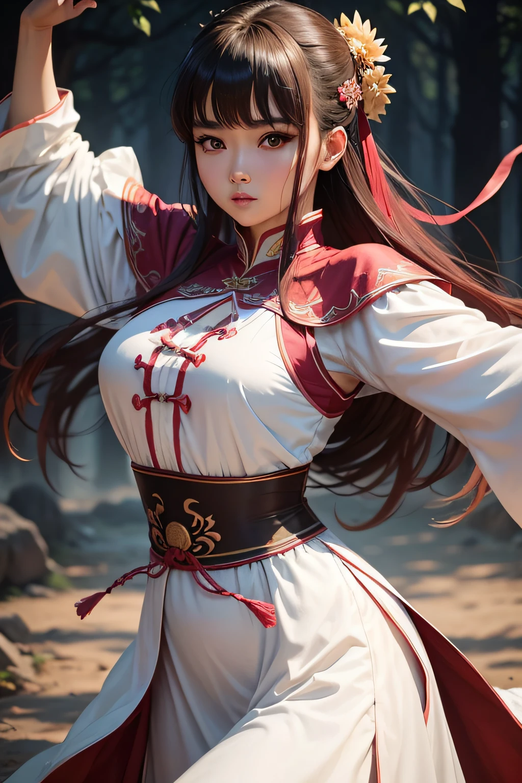 A woman in a white and red dress holding a sword - SeaArt AI