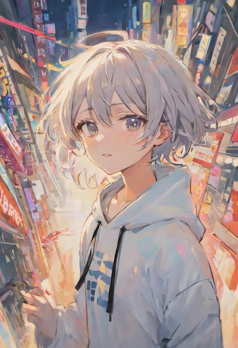 Anime youth with gray hair Japan,Wearing VR glasses,, White hoodie, White shorts, No tattoos, No beard, sixteen years old, Wear white VR glasses
