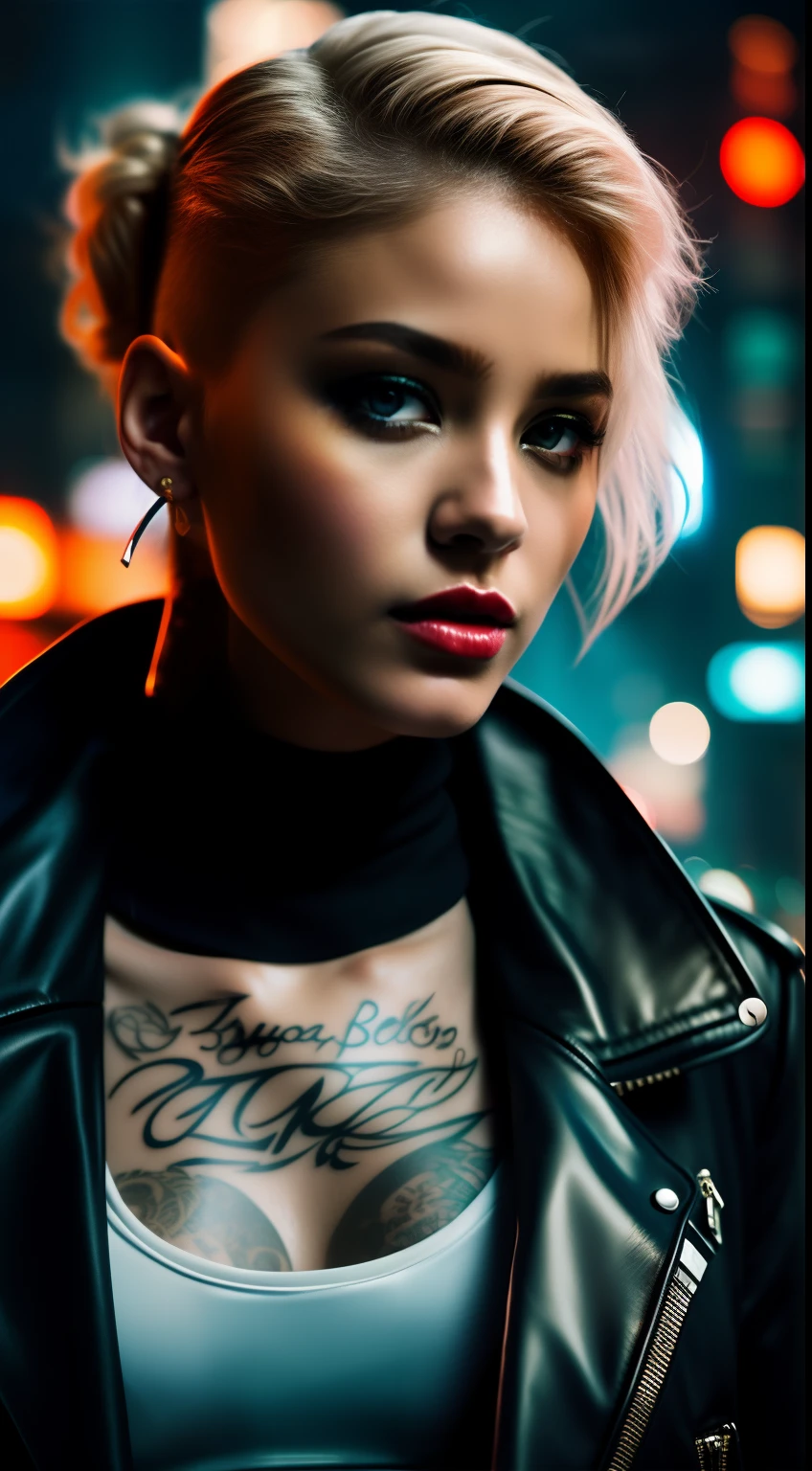 Close-up, a beautiful fashionable Russian fashionable blonde hair, tattered outfit, short side cut hair, punk outfit, lipstick, action movie scene, dystopian movie blade runner scene, night, bustling with neon signs, blade runner aesthetic, crowded people, movie cinematography, trash gang, attractive person, high emphasis on detail, wearing weather technology equipment,  trash gang, tattoos, nightlife, full of life, trash gang, action movie shot by Kon Satoshi, Semi Impasto style, matte painting, atmospheric, bright, dramatic lighting, beautiful eyes, symmetrical eyes, perfect eyes