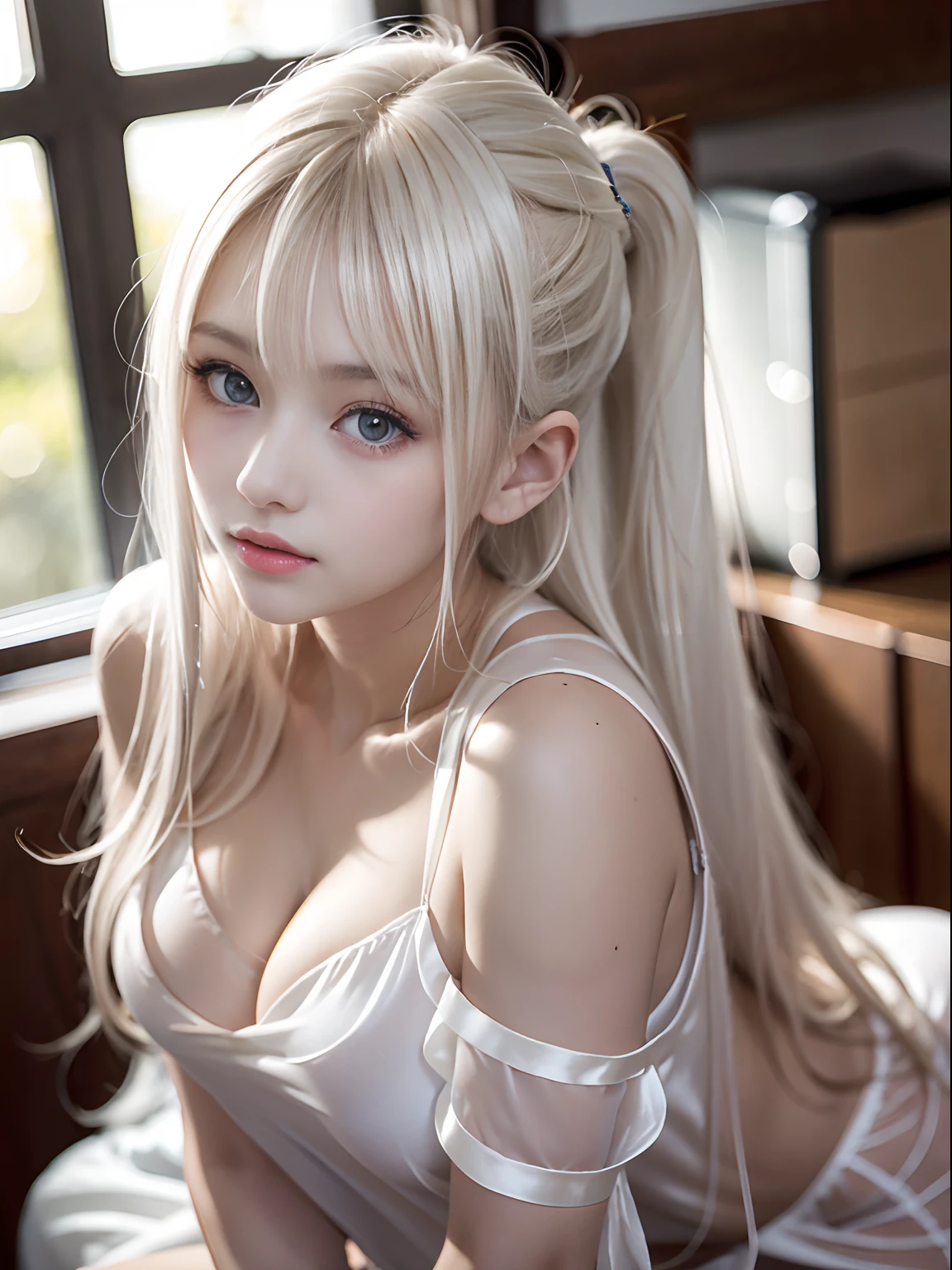 portlate、((Silk Material:1.3))、bright expression、poneyTail、Young shiny shiny white shiny skin、Best Looks、Blonde reflected light、Platinum blonde hair with dazzling highlights、shiny light hair,、Super long silky straight hair、Beautiful bangs that shine、Glowing crystal clear attractive big blue eyes、Very beautiful nice cute girl、Lush bust、Seduce with the eyes of the camera、Show thighs、((White chemise:1.5))