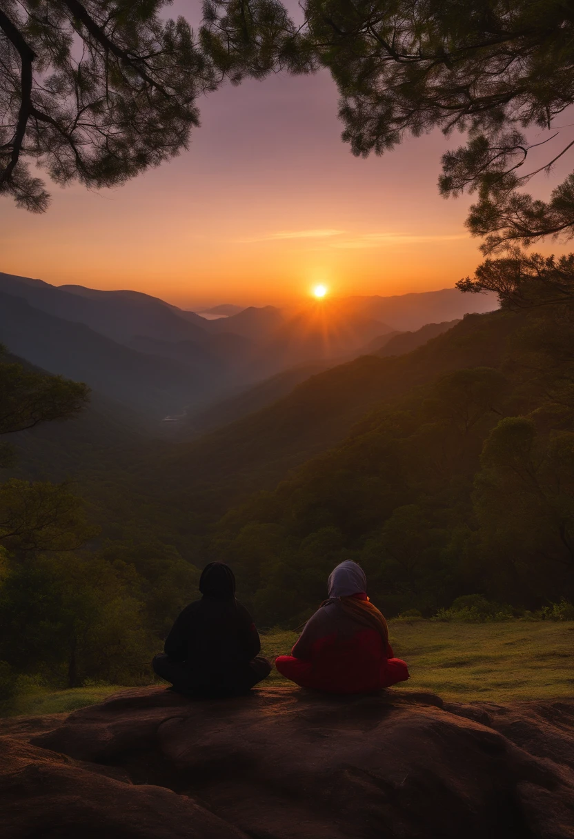 lovers sit in a meditative position, Behold the beautiful horizon as the sun sets, Man has a deep connection with God, The landscape is super detailed, Homem ultrarrealista, tudo de bom，it's beautiful, hiper qualidade. Realismo 8k