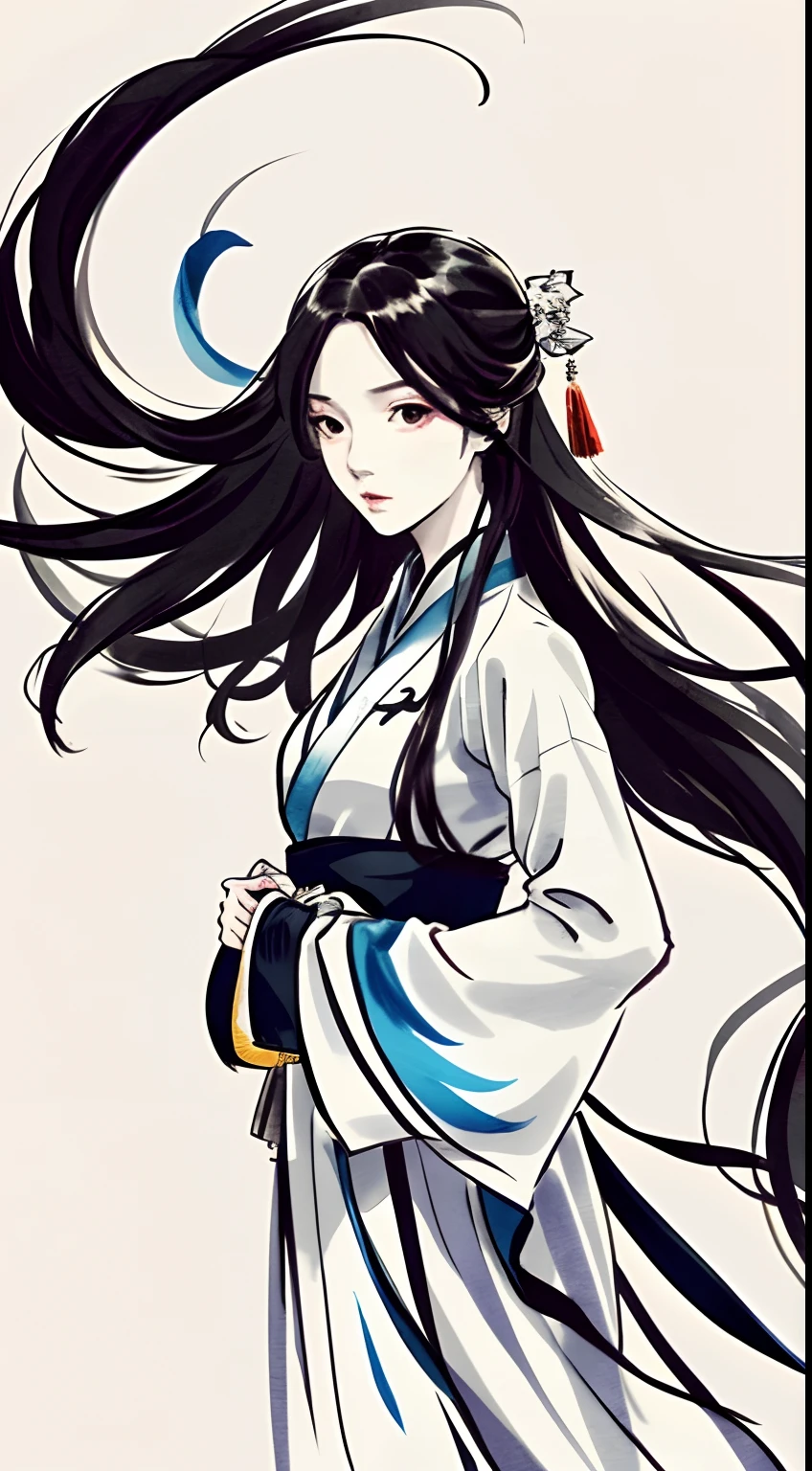 zydink, Mono Color, Ink sketch, 1girll, Asian people (shoun), Combat posture, looking at viewert, long whitr hair, Floating hair, Hanfu, Chinese clothes, longer sleeves, (abstract ink splash:1.2), white backgrounid