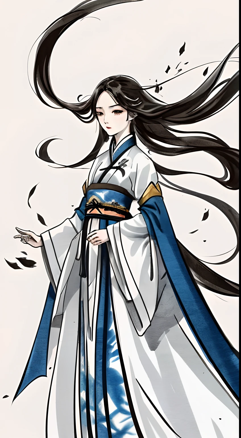 zydink, Mono Color, Ink sketch, 1girll, Asian people (shoun), Combat posture, looking at viewert, long whitr hair, Floating hair, Hanfu, Chinese clothes, longer sleeves, (abstract ink splash:1.2), white backgrounid