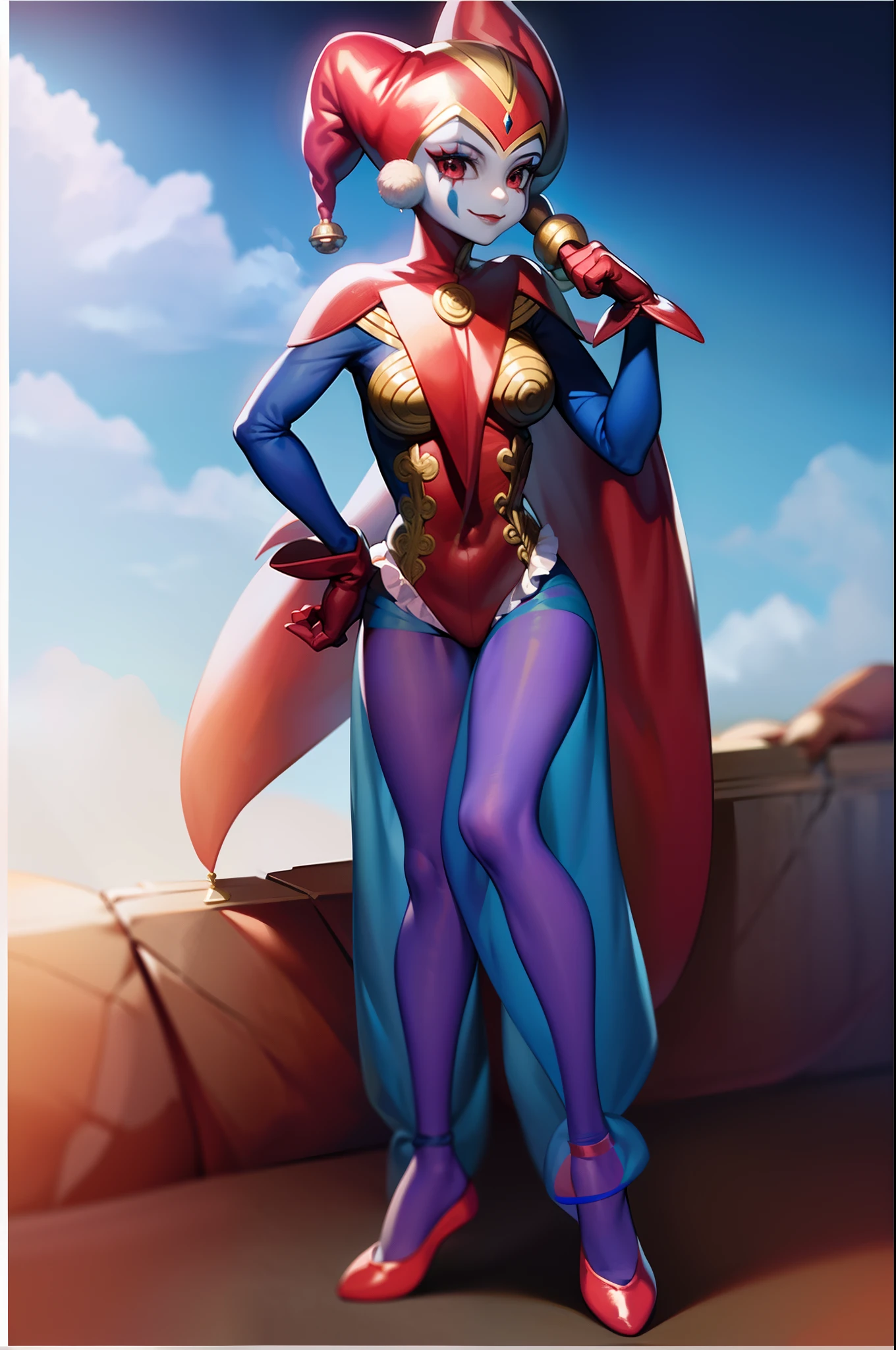 harle_\(chrono_cross\), facepaint, red_leotard, blue see-through harem_pants, jester_cap, pawg,? SMILE