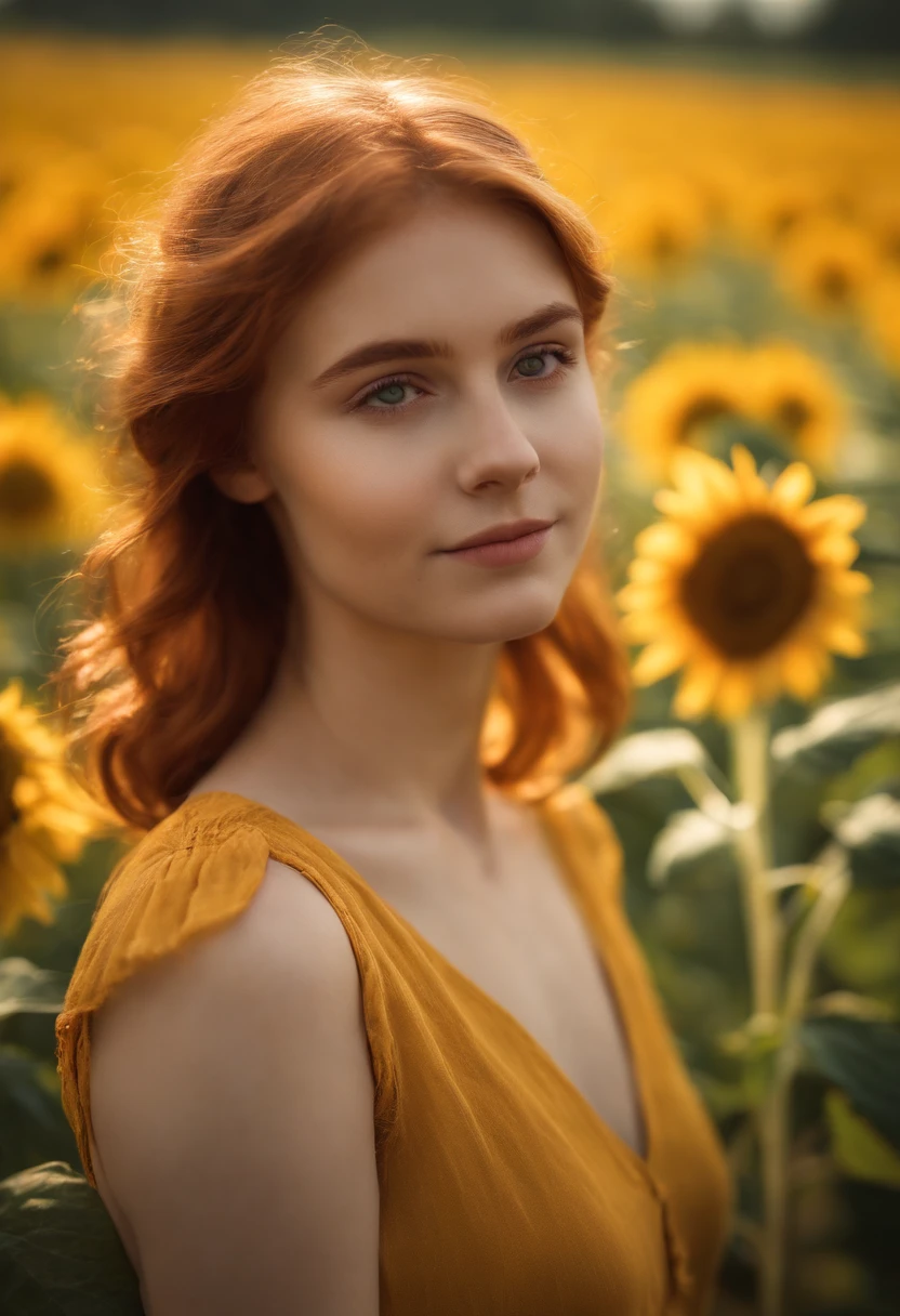 1girl, 18 years old, reddish hair, from germany, full body, looking at viewer, skinny, standing, friendly shy smile, depth of field, tattoo, wearing transparent baby doll style dress, colerful baby doll style, sunflower field, sunny day