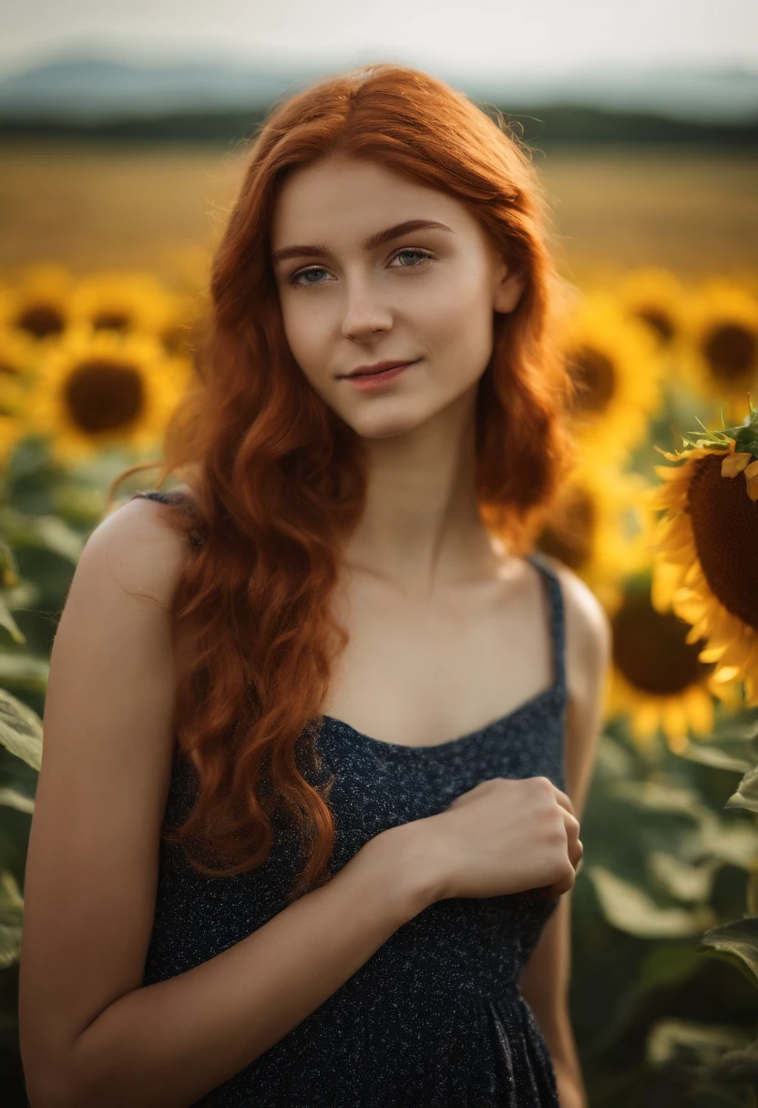 1girl, 18 years old, reddish hair, from germany, full body, looking at viewer, skinny, standing, friendly shy smile, depth of field, tattoo, wearing transparent baby doll style dress, colerful baby doll style, sunflower field, sunny day
