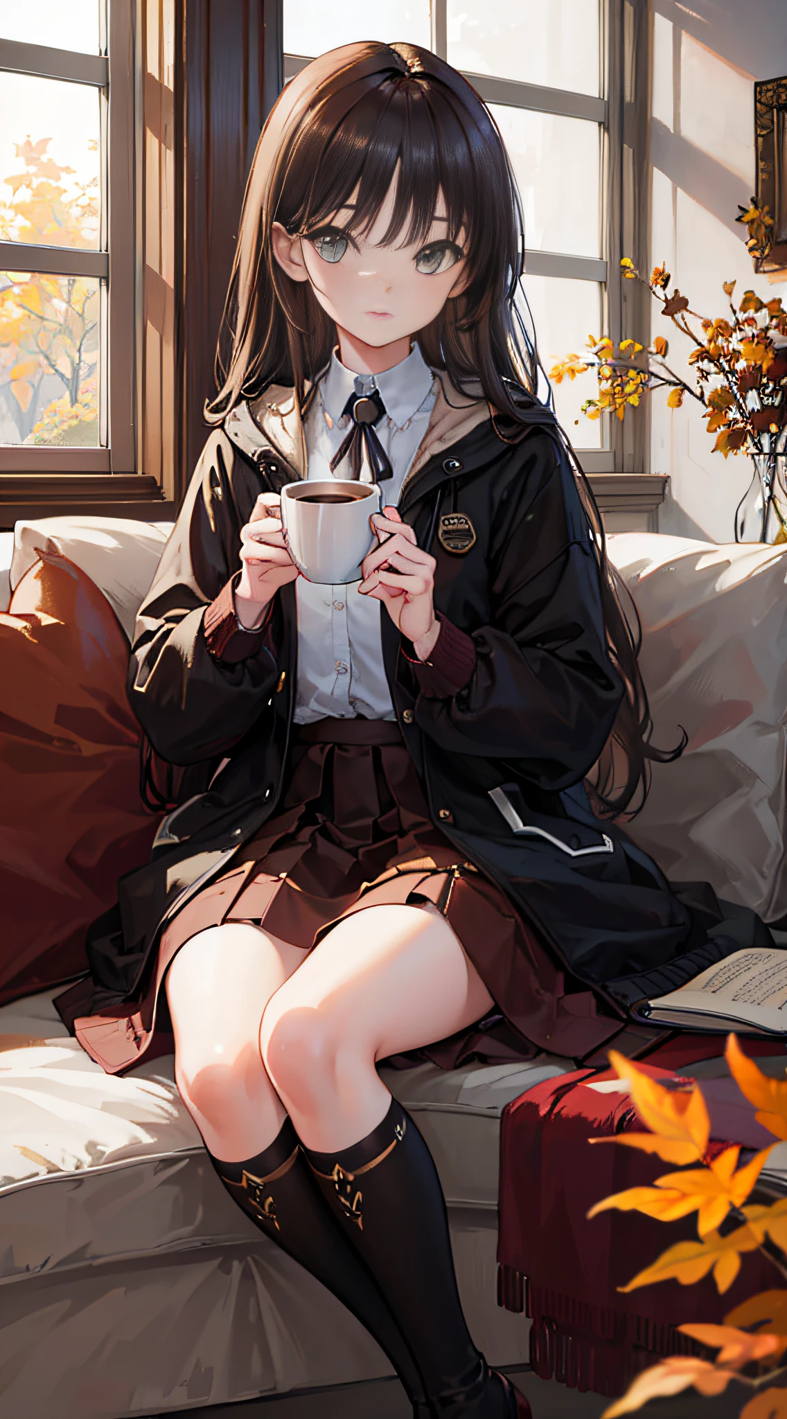 (Best quality,4K,8K,A high resolution,Masterpiece:1.2),Ultra-detailed,(Realistic,Photorealistic,photo-realistic:1.37),A girl with shoulder-length brown hair and amber eyes,Wear a hooded black jacket,Brown stockings,and black knee-length boots,standing in living room,Realistic lighting illuminates the entire picture, On the sofa in the living room was an open book。,Next to the book is a cup of hot coffee,Through the window,You can see the autumn gold leaves outside covering the entire garden,The picture is soft in tone,Mainly warm colors,Presents a tranquil and warm atmosphere。