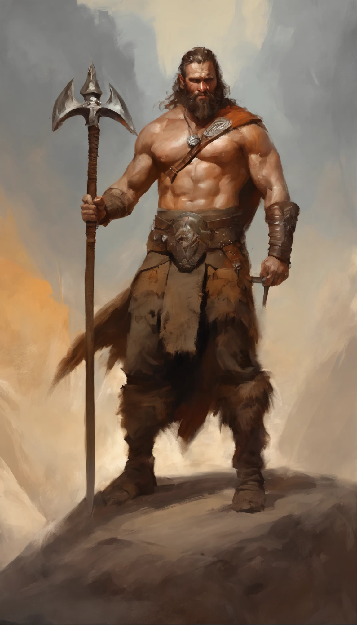 male in a brown outfit with a horned head and a sword, highly detailed character, viking warrior, epic viking king, norse ancient epic hero, muscular long haired with tattoo Philippine God of War, modelshoot style, (extremely detailed CG 8k wallpaper), body photo of the most beautiful artwork in the world, medieval armor, body portrait, Nimrod the first king of Babylon, hunter, barbarian, macho man, majestic professional oil painting by Ed Blinkey, Atey Ghailan, Studio Ghibli, by Jeremy Mann, Greg Manchess, Antonio Moro, trend at ArtStation, trend at CGSociety, Intricate, High Detail, Sharp Focus, Dramatic and Photorealistic Painting Art by Midjourney and Greg Rutkowski