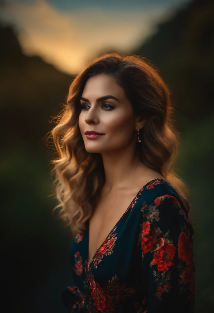 mulher de 30 anos, tema escuro, luz suave, cabelos longos, seios grandes, blusa vermelha com decote grande, alto contraste