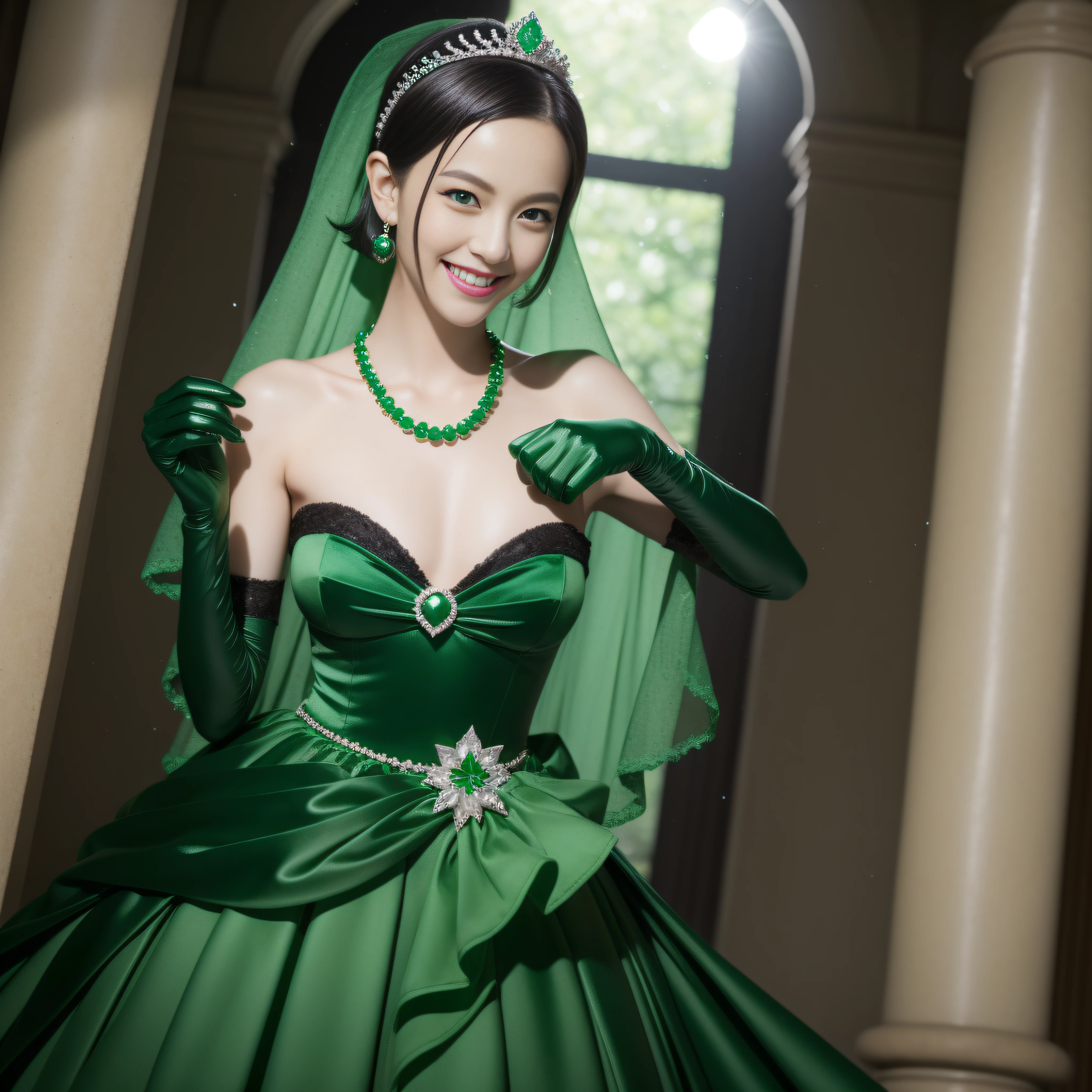 emerald tiara, Green Pearl Necklace, Boyish very short black hair, lipsticks, Japan woman smiling, Long green gloves made of satin material, very short short hair, Guts Pose, Green eyes