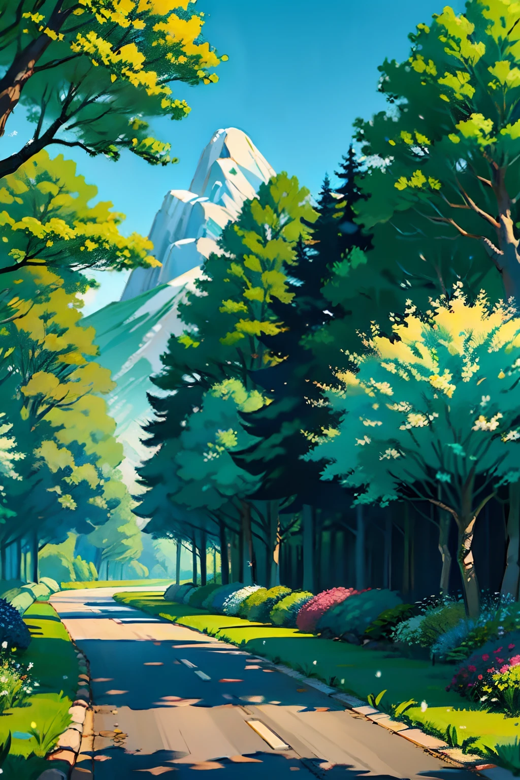 A painting of a springtime landscape, rows of green trees lining a road, with a canopy of green and shade, flowering bushes, snow capped mountain in distance, day light.