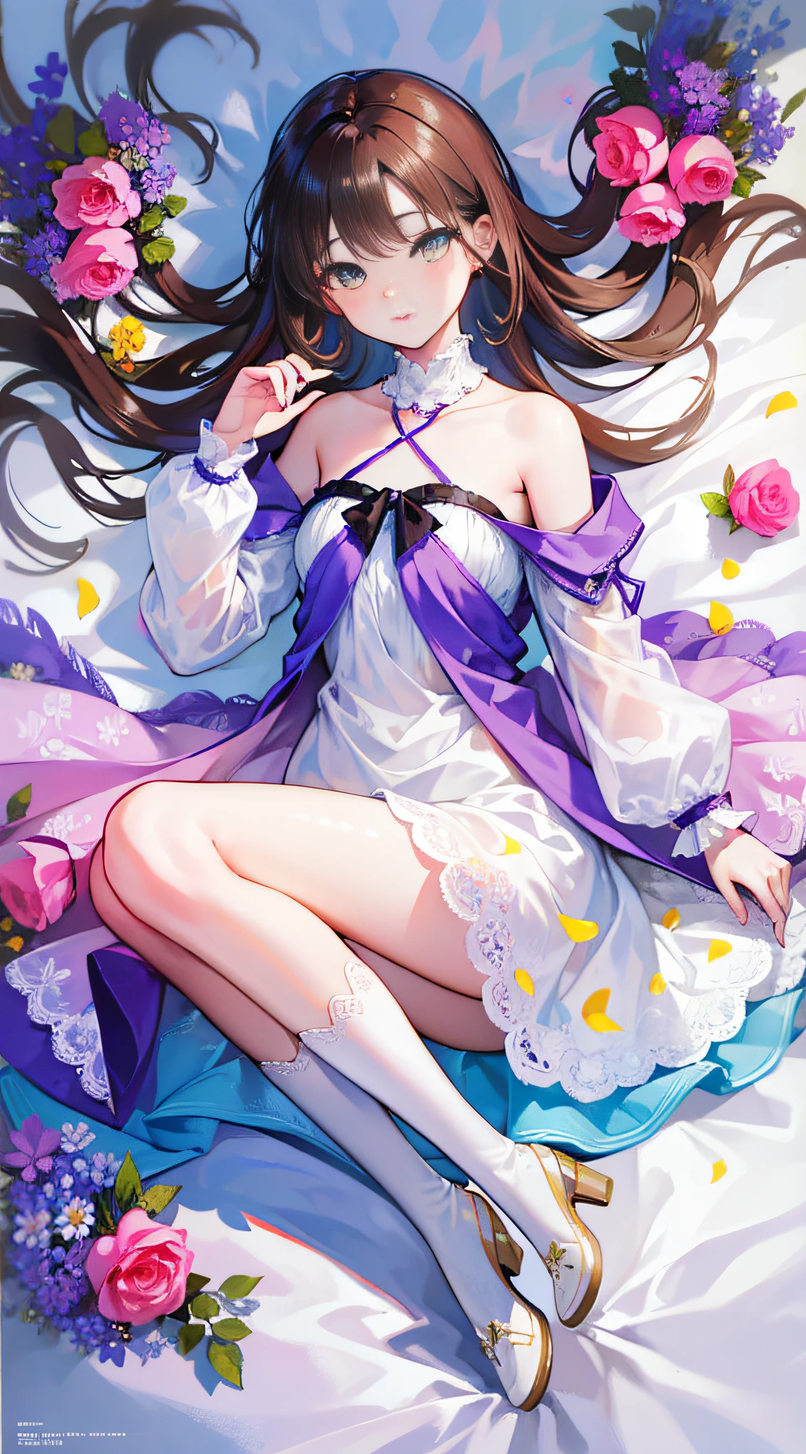 (best quality, high-res, ultra-high-res),extremely detailed,realistic:1.37),dreamy color palette,charming,colorful,luminous,soft and natural lighting,blurred background like a painting,illustration,beautyful figure,small and delicate,shoulder-length brown hair,amber eyes,detailed lips,white windbreaker,white boots, surrounded by vibrant flowers in a blooming garden