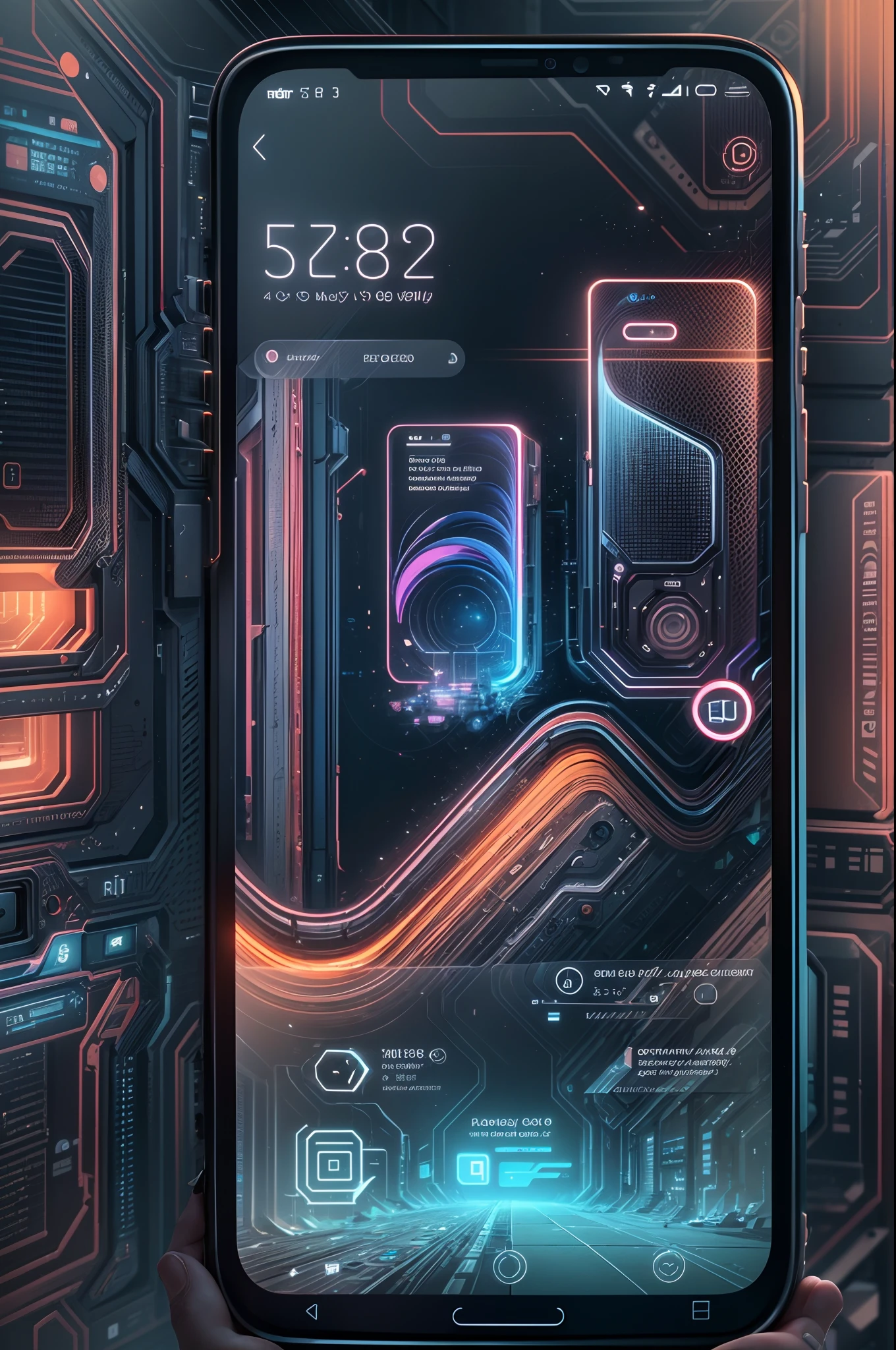 (best quality,4k,8k,highres,masterpiece:1.2),ultra-detailed,(realistic,photorealistic,photo-realistic:1.37),design a phone in the future,metallic futuristic smartphone,hard light structure,holo-silhouette design,holographic hard light screen,luminous and transparent,glowing icons,seamless integration of hardware and software,dynamic holographic widgets,touch-sensitive surface,retina display,haptic feedback,interactive 3D projection,thin and lightweight,edge-to-edge display,minimal bezels,advanced biometric security,face recognition technology,ultra-fast processors,efficient multitasking capabilities,high-speed connectivity,5G network compatibility,immersive augmented reality experiences,revolutionary user interface,intuitive gesture controls,sleek and minimalist design,innovative color palette,vibrant and saturated hues,subtle gradients,soft pastel tones,futuristic lighting effects,stunning reflections and refractions,glowing lines and patterns,seamless integration with everyday objects,highly customizable,advanced AI assistant,seamless voice control,smart home integration,unparalleled camera capabilities,professional-grade photography,night mode,long exposure,panorama mode,vivid colors and rich details,innovative camera features,portrait mode,depth-of-field effects,surreal and dreamy aesthetics,sci-fi inspired elements,futuristic technology advancements,transformative user experience,limitless possibilities.