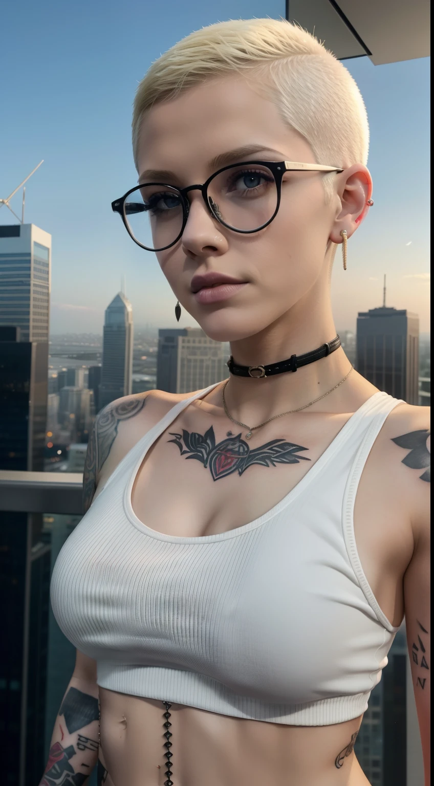 1 white tomboy european girl, short Butterfly Cut hair, purple hair, messy hair, big eyelashes, shy smile, full body photo, perfect green eyes, 8k photo, tattoos, slim body, realistic,, arm full of tattoos, oiled up body, high details, soap foam, cute face, teen girl, slander, best quality, photorealistic, topless, perfect eyes, tomboy skinny, freckles, fringes, sitting on the stairs, tomboy, sneakers, tattoo of a butterfly on the chest, in front of the Eiffel Tower