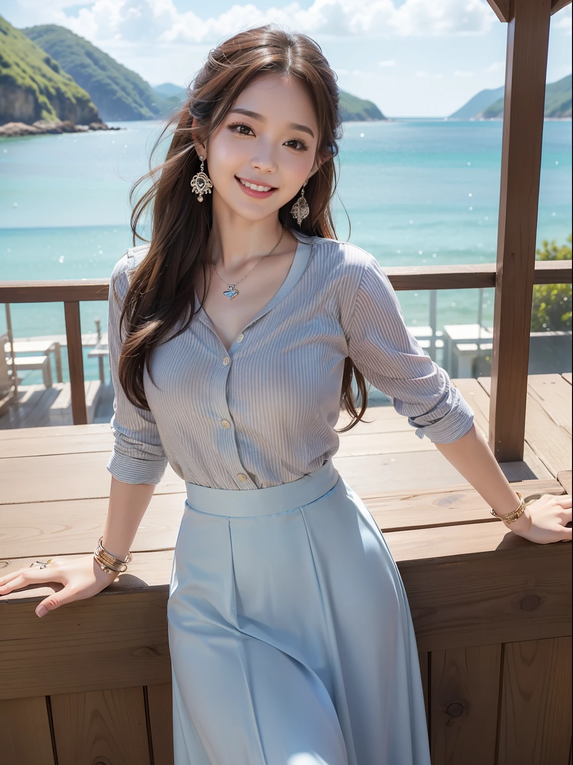 (highest quality, High resolution, masterpiece :1.3), pretty girl, japanese girl, 22 years old, hands on hips, A tall and pretty woman, thin abs, big breasts:1.5, cleavage:1.5, have a brand bag, long hair, straight hair, dark brown hair, wear a pendant, patterned blouse, belt, black mini skirt, (villa by the sea, luxury hotel, Modern architecture in background), Precisely expresses details such as face and skin texture, fine eyes, double eyelid, Dimples