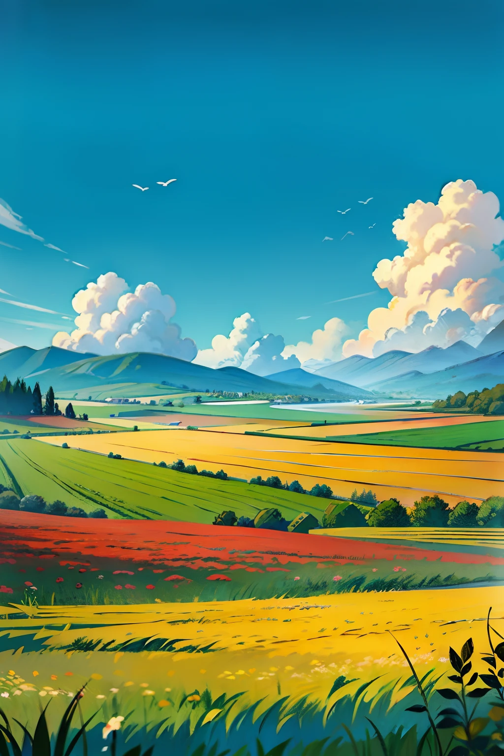 A painting of a springtime landscape, a perspective view of rows of plowed fields, midday light.