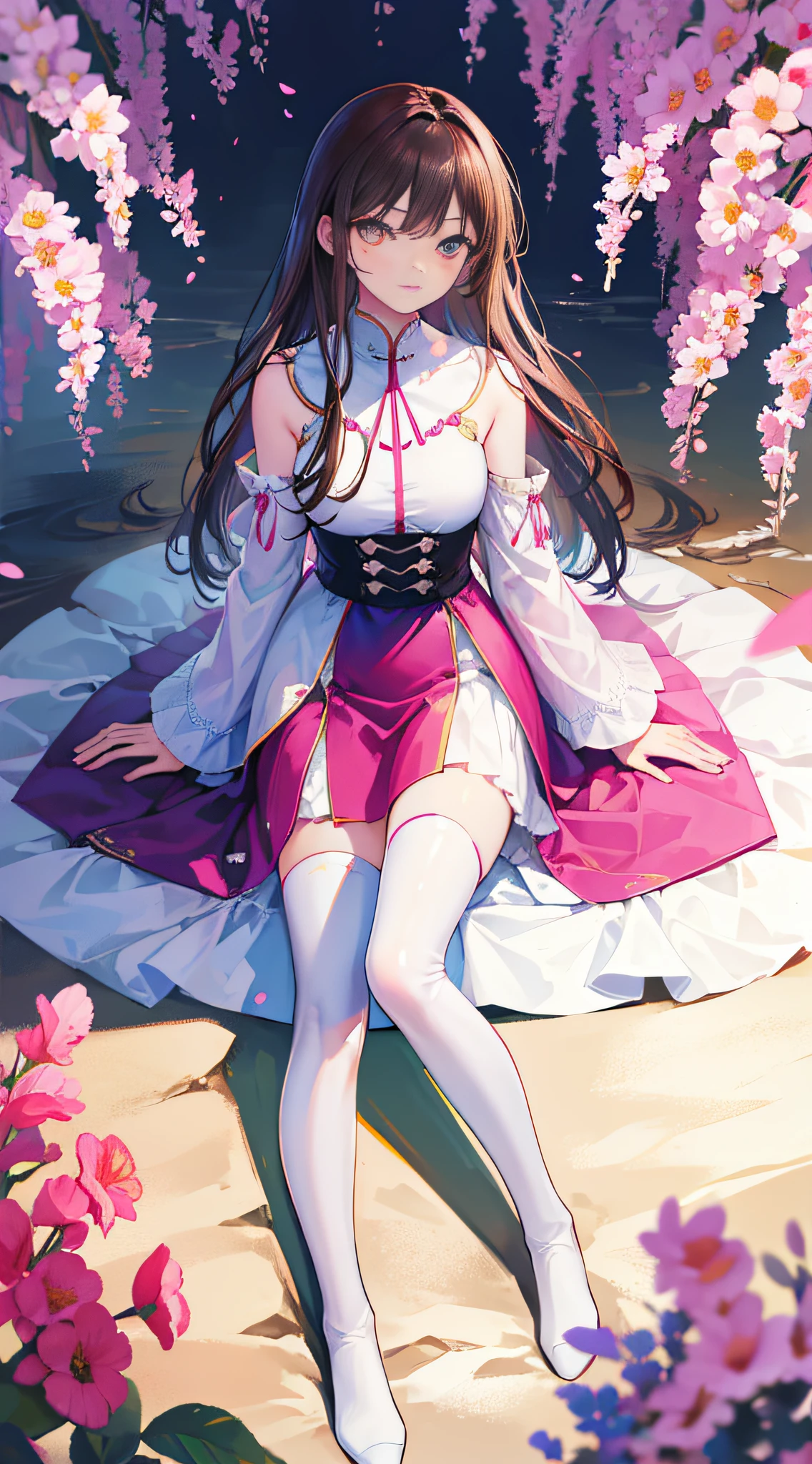 (Best quality, High-res, 超高分辨率),Extremely detailed,Realistic:1.37),Fantastic color palette,Charming,Colorful,luminous,Soft and natural lighting,Background blurred like painting,illustration,beautiful figure,Shoulder-length brown hair,Amber eyes,Detailed lips,White windbreaker,White boots, Surrounded by vibrant flowers in the blooming garden