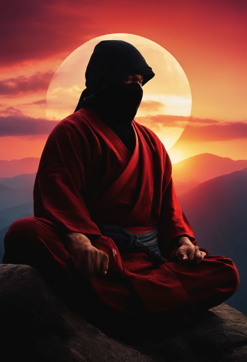 ninja from the front meditating on the mountain, sunrise behind the ninja