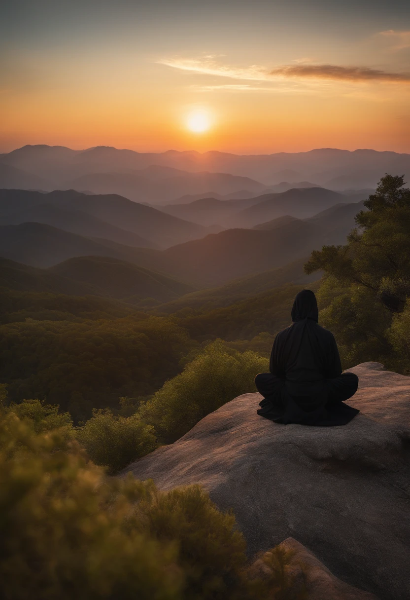 ninja from the front meditating on the mountain, sunrise behind the ninja