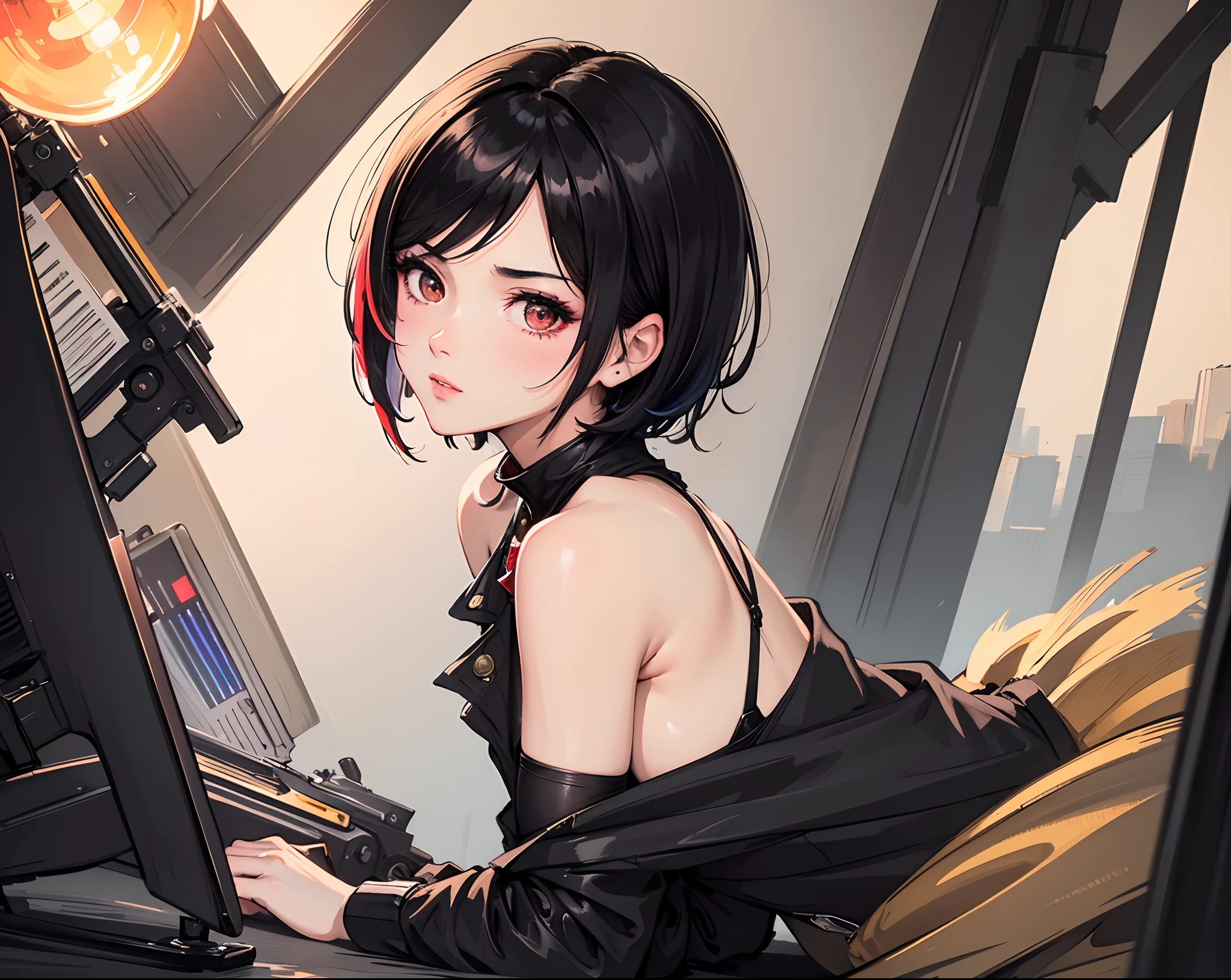 highdetailed, High quality, high resolutions,Super detail, 8K, Masterpiece, (8k high resolutions), super colorful, 1girl short hair, short hair, (reze csm), (most beatiful), black hair, sharp jawline, seducing