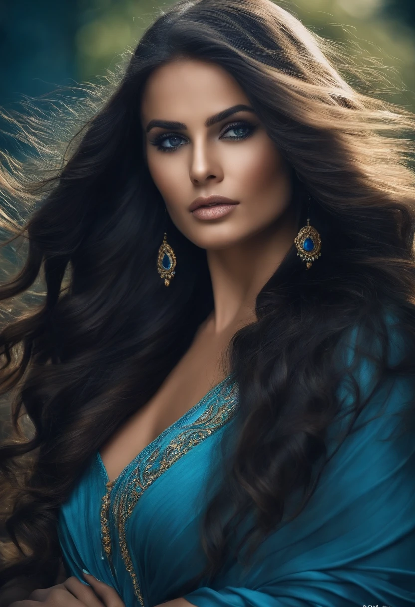 Uma mulher bonita com olhos azuis，long flowing hair，Encantadora、Sexy babies