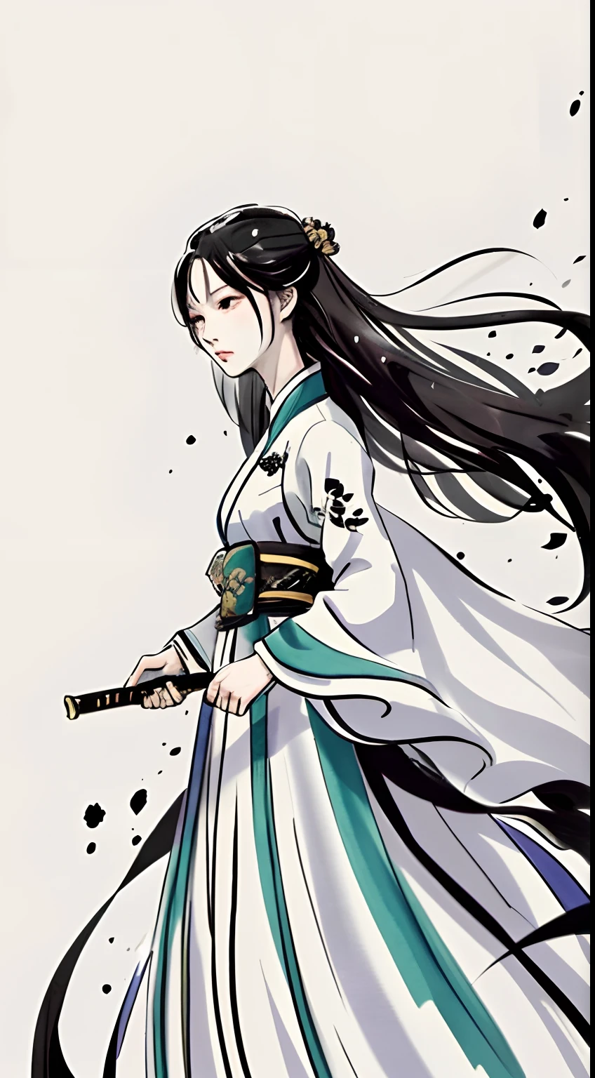 zydink, Mono Color, Ink sketch, 1girll, Asian people (shoun), Combat posture, looking at viewert, long whitr hair, Floating hair, Hanfu, Chinese clothes, longer sleeves, (abstract ink splash:1.2), white backgrounid