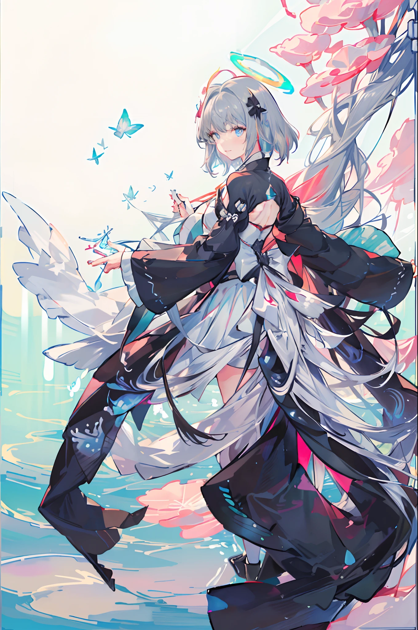(Very bright:1.1), White Background, [1 person:7], (Tilt your head:1.2),smile、 ([sketch|watercolor \(Moderate\)]:1.15), (Inkblot:1.1), (pale:1.2), Vector Trace, Gradient Blending, look back、Bright colors,((colorful))、flower、 that&#39;wonderful, Very detailed, Complex, (Very low contrast:1.4)、My Favorite Child、Ai Hoshino,Bunny hair clip、Stars in my eyes