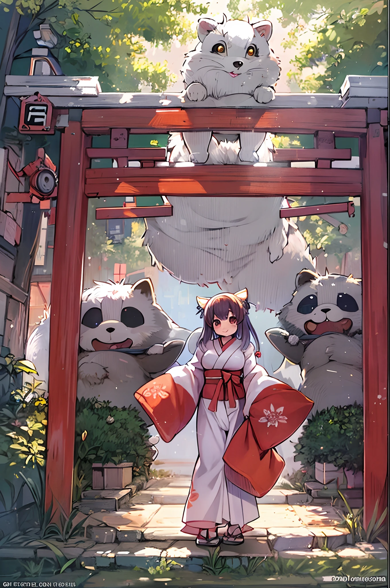 Tanuki Woman、body covered with fur、huge-breasted、kawaii、shrine maiden、Japan white clothes,Red Hakama、torii gate,summer day、From below、Wide Shot、raccoon dog