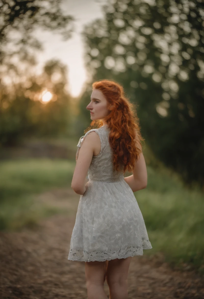 1girl, 18 years old, reddish hair, from germany, full body, looking at viewer, skinny, standing, friendly shy smile, depth of field, tattoo, wearing transparent baby doll style dress, colerful baby doll style, sunflower field, sunny day