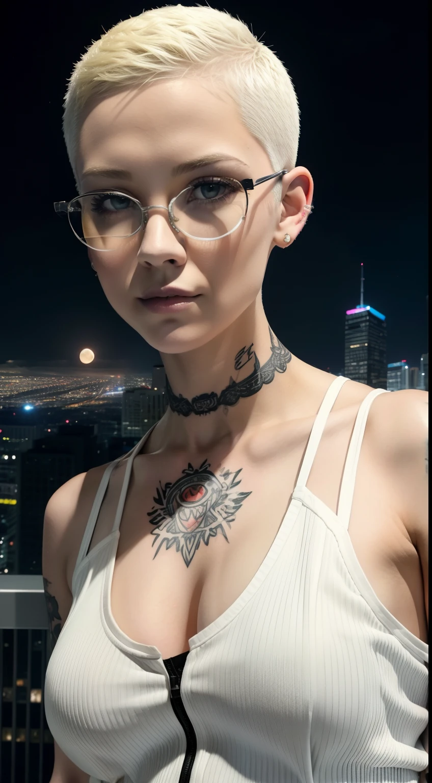 Girl, Riley Nixon haircut, shaved hair, Blonde hairstyle, Very short hair, Bald,, White vest shirt, Red Moon tattoo, Tattoo on the right arm, Wearing glasses, Blonde hairstyle, Riley Nixon haircut, Lipstick Black, Piercings in the face, On a skyscraper, looking at viewert, Storm City, 4K