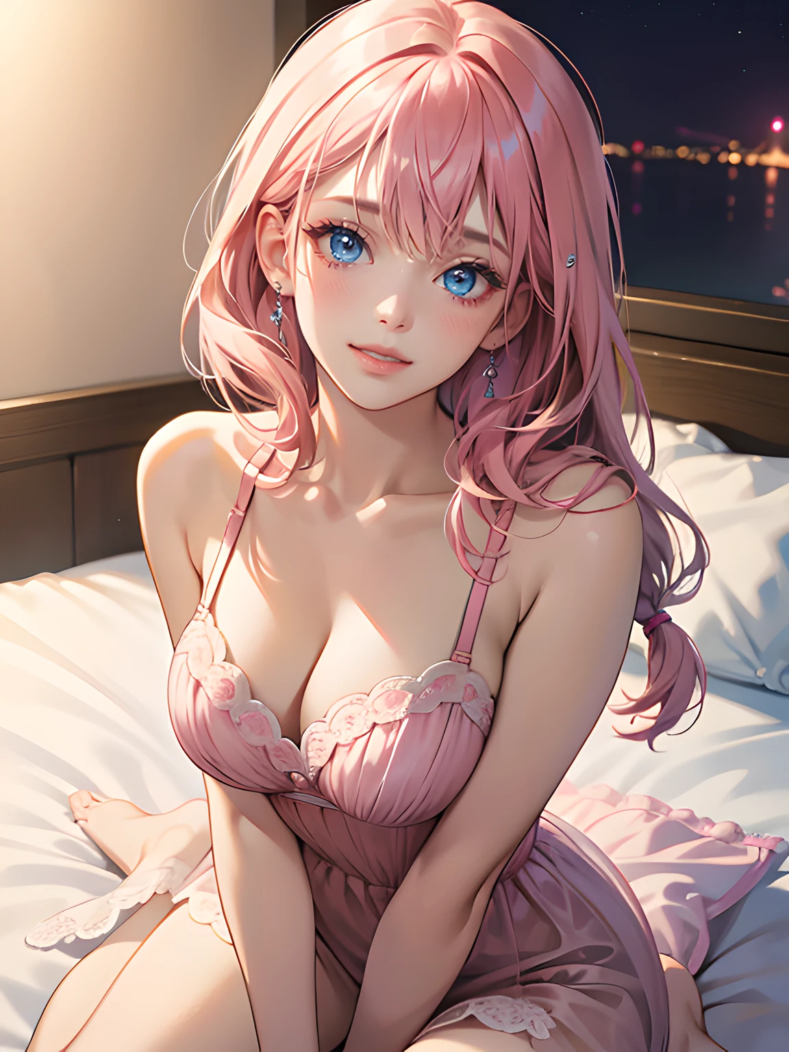 mature woman, medium breasts, single braid pink hair with bangs, pink night dress (lingerie), blue eyes, pink lips color, seduce smile, blush, naughty face, sitting on bed, Surrealism, anime style, depth of field, 8k, super detail, high details, Cinematic lighting, night time, shadow over face, Close-up, camera from the bottom up, hyper HD, Masterpiece, High details，detailed light, detailed shadow, detailed background.