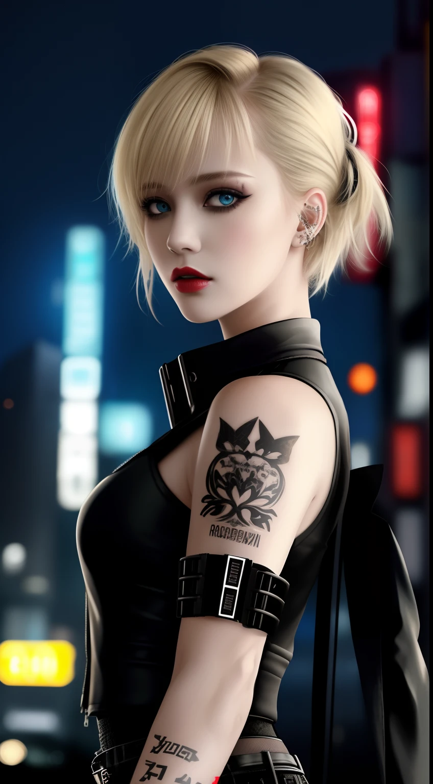 Close-up, a beautiful fashionable Russian fashionable blonde hair, tattered outfit, short side cut hair, punk outfit, lipstick, action movie scene, dystopian movie blade runner scene, night, bustling with neon signs, blade runner aesthetic, crowded people, movie cinematography, trash gang, attractive person, high emphasis on detail, wearing weather technology equipment, trash gang, tattoos, nightlife, full of life, trash gang, action movie shot by Kon Satoshi, Semi Impasto style, matte painting, atmospheric, bright, dramatic lighting, beautiful eyes, symmetrical eyes, perfect eyes