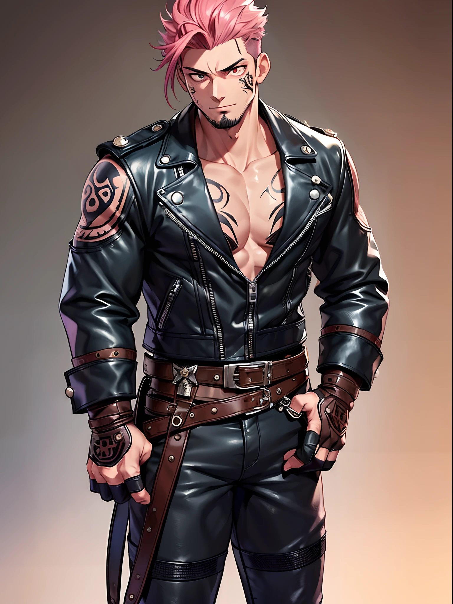 (masterpiece, best quality:1.2), cowboy shot, 1boy, sukuna, leather fingerless gloves, tattoo_on_his_face, manly, full body, biker, pink hair, intricate details, utra detailed, black leather, muscular mature male, eye focus, biker jacket, anatomically correct,