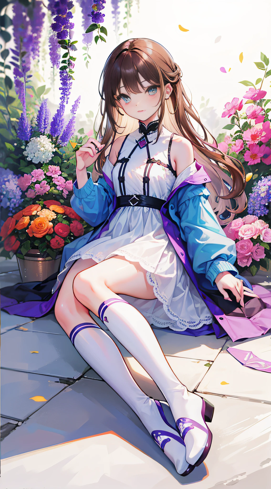 (best quality, high-res, ultra-high-res),extremely detailed,realistic:1.37),dreamy color palette,charming,colorful,luminous,soft and natural lighting,blurred background like a painting,illustration,beautyful figure,small and delicate,shoulder-length brown hair,amber eyes,detailed lips,white windbreaker,white boots, surrounded by vibrant flowers in a blooming garden