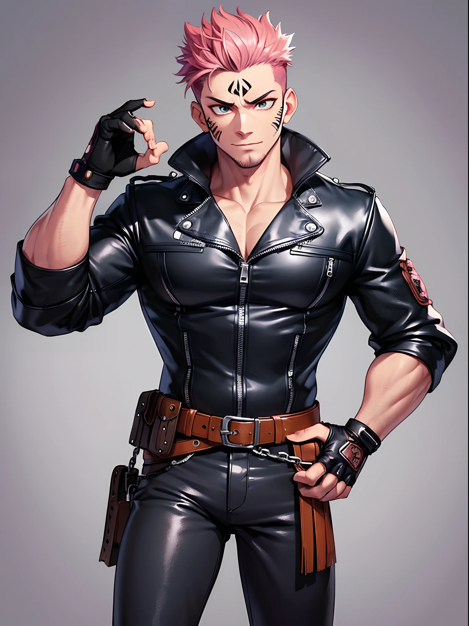 (masterpiece, best quality:1.2), cowboy shot, 1boy, sukuna, leather fingerless gloves, tattoo_on_his_face, manly, full body, biker, pink hair, intricate details, utra detailed, black leather, muscular male, eye focus, biker jacket, anatomically correct,