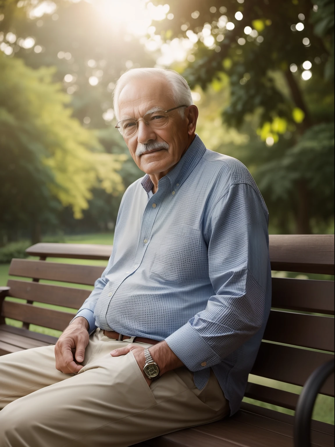 A personal portrait of a very handsome old man sitting on a wooden bench in a lush park on a beautiful sunny day. Captured with a Sony α7 III camera and a 85mm lens at F 1.2 aperture, the background is blurred to isolate the subject. The park is filled with vibrant greenery and colorful flowers and natural sun Lighting, providing a natural and peaceful atmosphere. Dreamy sunny lighting creates a soft and warm glow that gently illuminates the subject's features, enhancing his natural and peaceful handsome. The image is shot in a photorealism mode to deliver an ultra-realistic image that truly captures the subject's unique personality.
