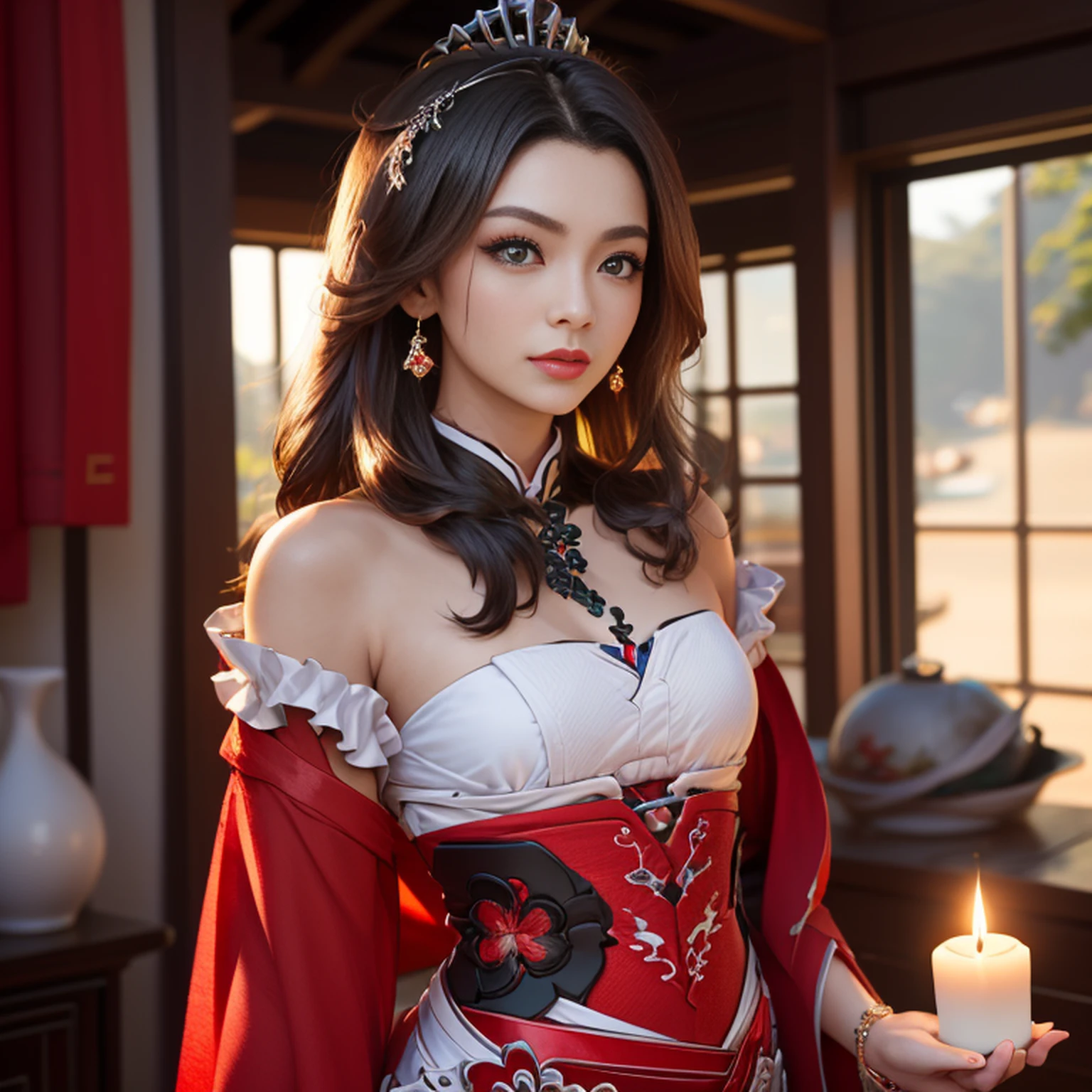 (ultrarrealista 8k CG: 1.2), Perfect artwork, delicate patterns, detalhes intrincados, (Unparalleled masterpiece, melhor qualidade: 1.2), (extremamente complexo: 1.2), uma mulher em um vestido vermelho e dourado, Phoenix Crown, palito de cabelo, (sentado em uma cama vermelha), maquiagem, corar, timidez, preto_Hair, olhando para baixo, cosmetics, (ponto da testa), (2 velas vermelhas), Chinese_Clothes, Cortinas, Brincos, Hair_enfeite,Hanfu, interior, jewelries, unhas vermelhas, Longas_Mangas, vestido vermelho, red lips, Borlas, (Colcha vermelha), (red palace: 1.2), (arquitetura chinesa antiga), (vermelho: 1.8), Noite