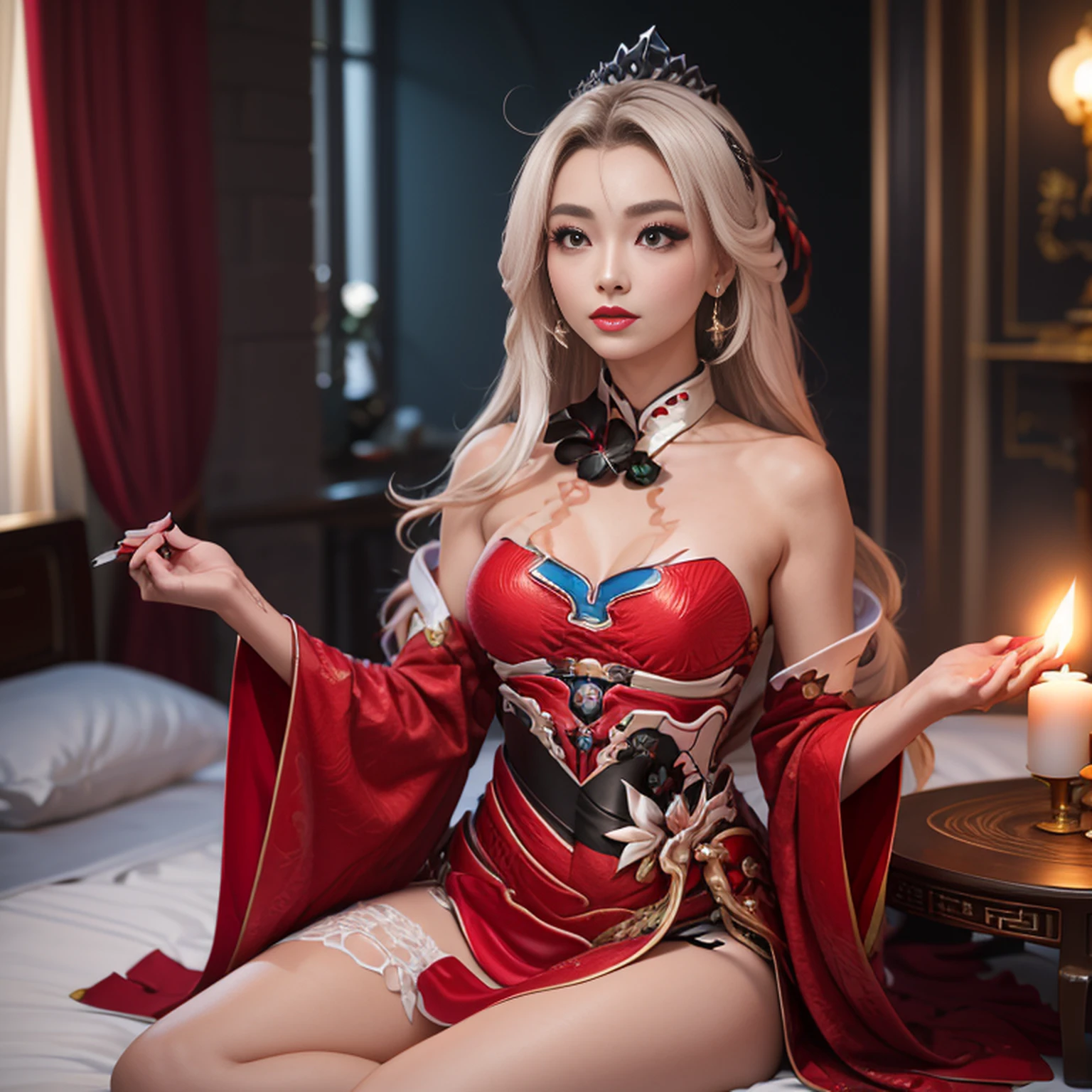 (ultrarrealista 8k CG: 1.2), Perfect artwork, delicate patterns, detalhes intrincados, (Unparalleled masterpiece, melhor qualidade: 1.2), (extremamente complexo: 1.2), uma mulher em um vestido vermelho e dourado, Phoenix Crown, palito de cabelo, (sentado em uma cama vermelha), maquiagem, corar, timidez, preto_Hair, olhando para baixo, cosmetics, (ponto da testa), (2 velas vermelhas), Chinese_Clothes, Cortinas, Brincos, Hair_enfeite,Hanfu, interior, jewelries, unhas vermelhas, Longas_Mangas, vestido vermelho, red lips, Borlas, (Colcha vermelha), (red palace: 1.2), (arquitetura chinesa antiga), (vermelho: 1.8), Noite