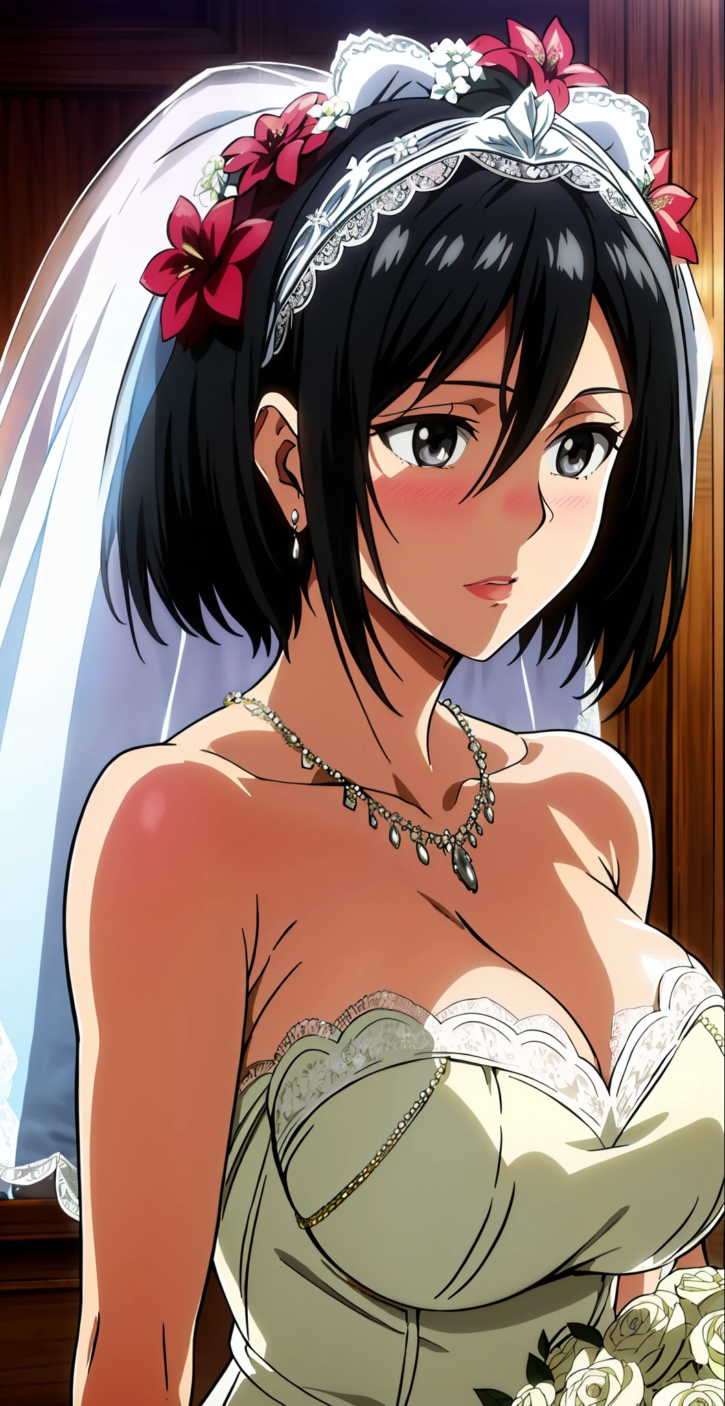 1girll, mikasa ackerman, (Black hair:1.3), hair between eye, Short hair, With gray eyes,  Close-up of a beautiful bride in a bridal dress,Guvitz，Blush，Head flower，headdress，（Bandeau wedding dress：1.5），（Silk dress：1.2）,（Strapless wedding dress：1.5）,Plain white dress，necklace，earring，Paper cutouts for weddings,(huge tit:1.3)，Neck ornaments，Deep V peach heart collar wedding dress，Liuhai，Bouquet，lipstick，（Lace gloves：1.3），(Bridal veil:1.2），（Short transparent veil：1.2），Bust photo,High detail RAW color art,Tyndall phenomenon