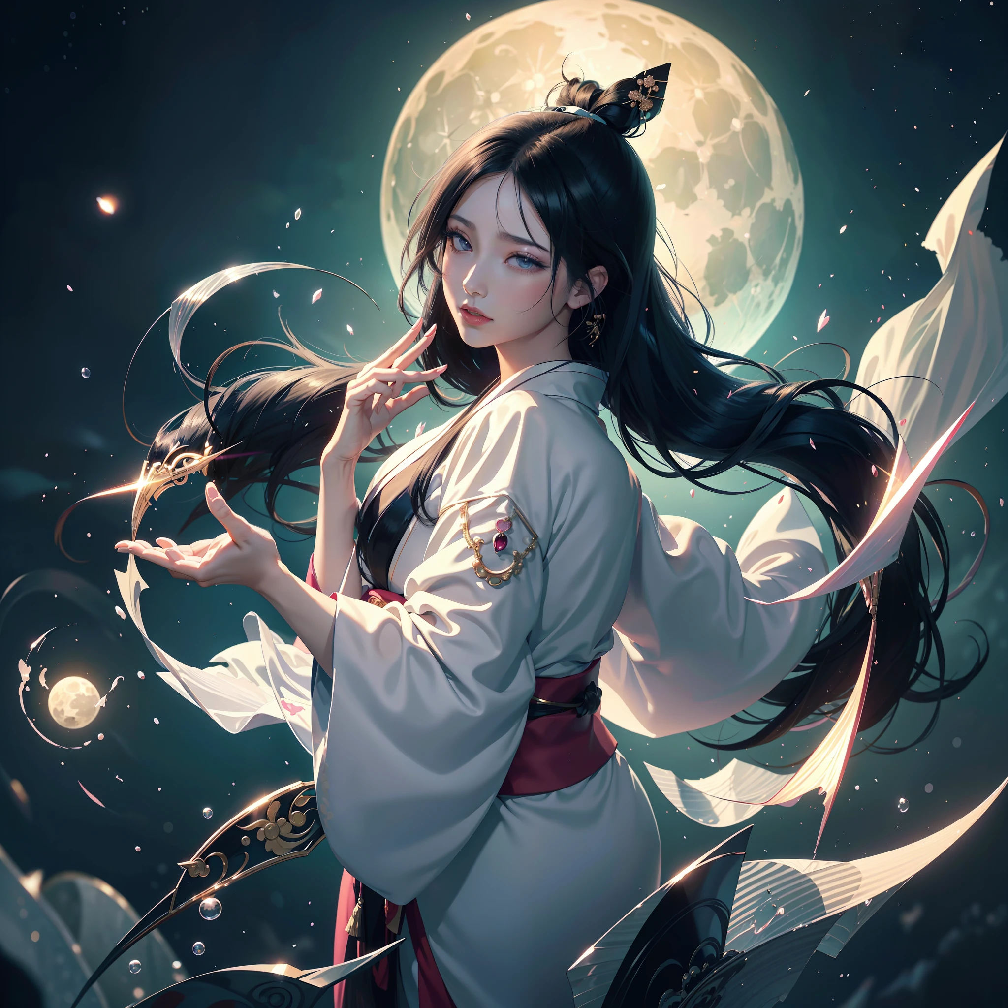 watching at viewers、moon in background、poneyTail、Woman with shiny black hair、((Gorgeous kimono))、Depict a beautiful and graceful woman of Japan。Heart in the eye。full body Esbian。 Beautiful anime art wallpaper 8k, beautiful fantasy anime, Beautiful anime, Detailed anime artwork.Blur the background with a sickle,((masutepiece)), ((Best Quality))