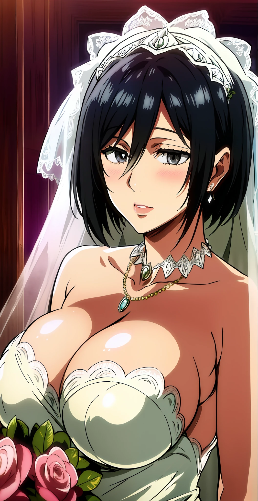 1girll, mikasa ackerman, (Black hair:1.3), hair between eye, Short hair, With gray eyes,  Close-up of a beautiful bride in a bridal dress,Guvitz，Blush，Head flower，headdress，（Bandeau wedding dress：1.5），（Silk dress：1.2）,（Strapless wedding dress：1.5）,Plain white dress，necklace，earring，Paper cutouts for weddings,(huge tit:1.3)，Neck ornaments，Deep V peach heart collar wedding dress，Liuhai，Bouquet，lipstick，（Lace gloves：1.3），(Bridal veil:1.2），（Short transparent veil：1.2），Bust photo,High detail RAW color art,Tyndall phenomenon